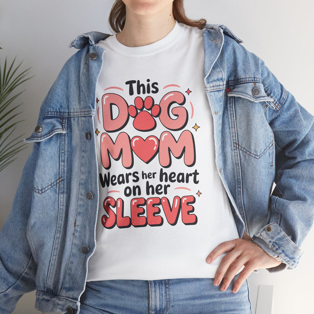 Dog Mom T-Shirt — "This Dog Mom Wears Her Heart on Her Sleeve" Paw & Heart Unisex Cotton Tee