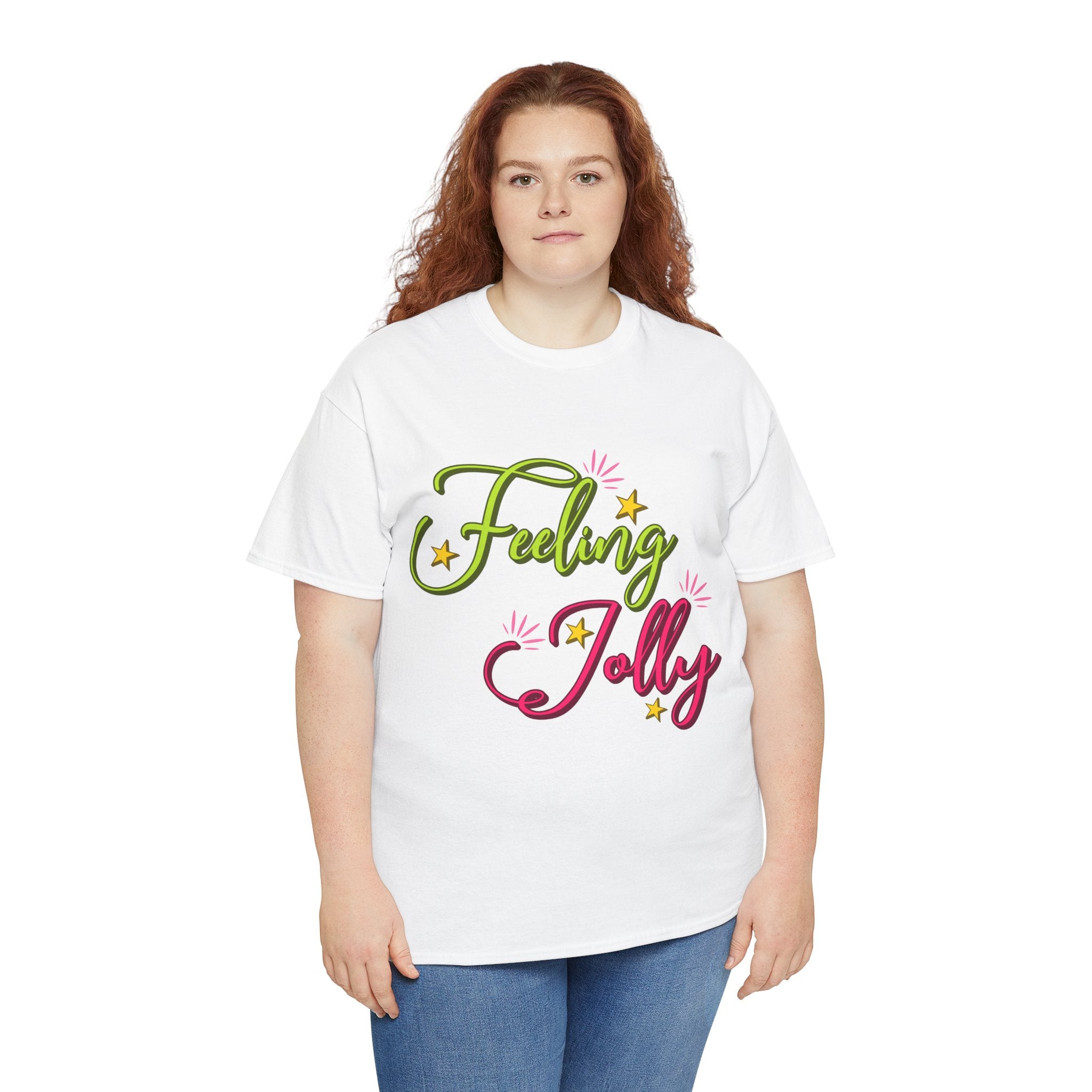 Feeling Jolly Tee — Festive Green & Pink Script with Yellow Stars Unisex Cotton Tee
