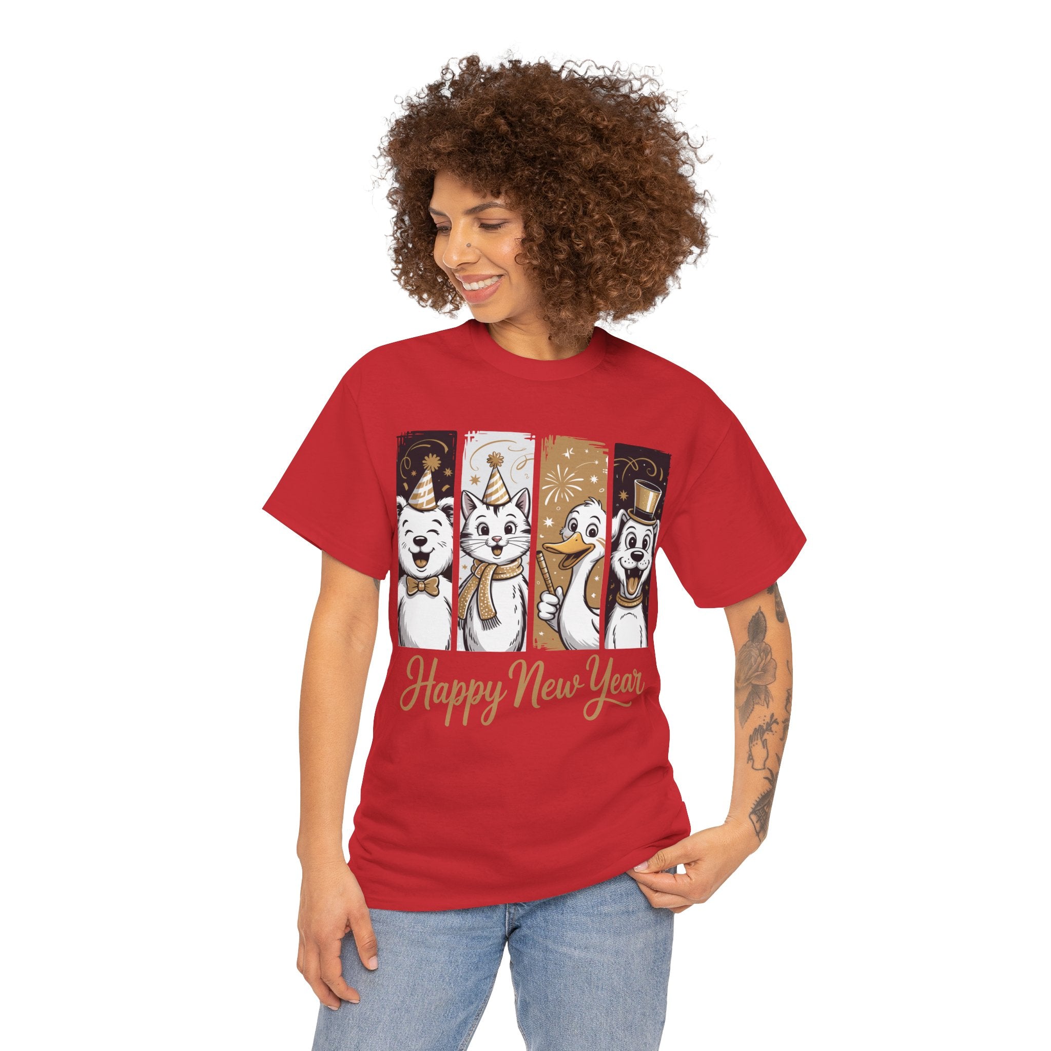 Happy New Year Party Animals T-Shirt — Cute Smiling Animals in Party Hats & Gold Fireworks..Unisex Cotton Tee