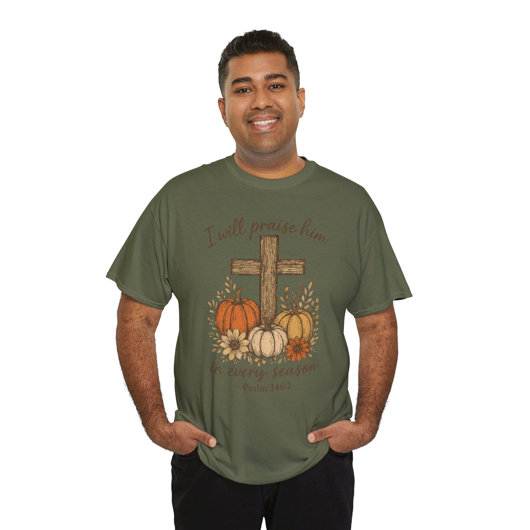 Psalm 146:2 Pumpkin Cross T-Shirt — I Will Praise Him in Every Season. Unisex Cotton Tee