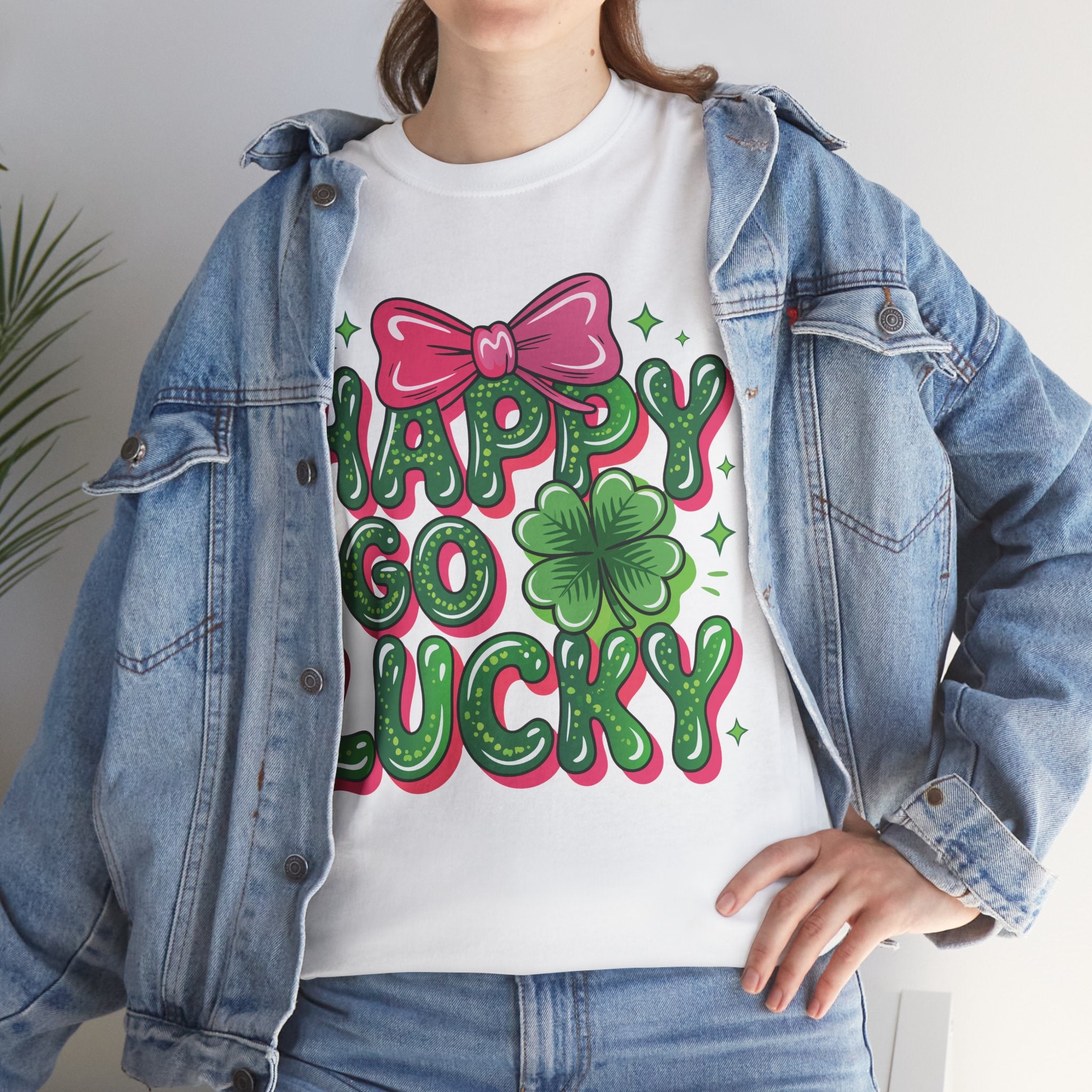 Happy Go Lucky Four-Leaf Clover Tee — Glossy Green Letters & Pink Bow Unisex Cotton Tee