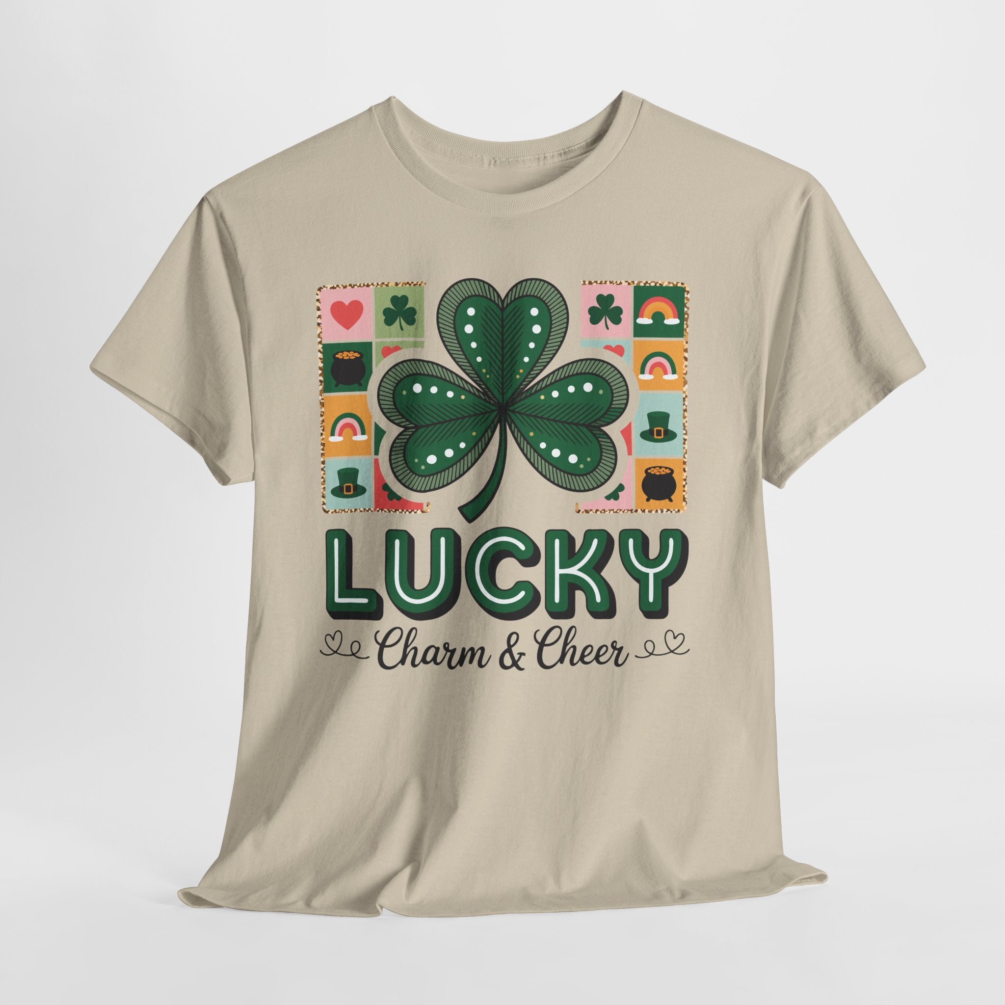 Lucky Charm & Cheer Clover Tee — Patchwork St. Patrick’s Day Unisex Cotton T-Shirt