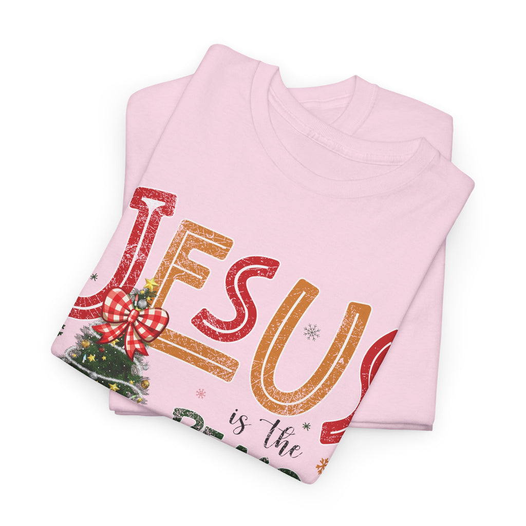 Jesus Is the Reason for the Season Christmas T-Shirt — Plaid Bow Tree..Unisex Cotton Tee
