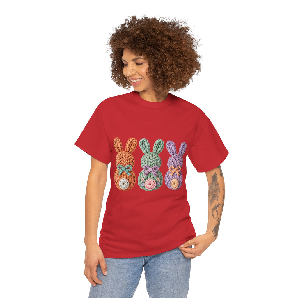 Pastel Crochet Bunny Tee — Trio of Faux Knit Bunnies with Bows & Flowers Unisex Cotton Tee