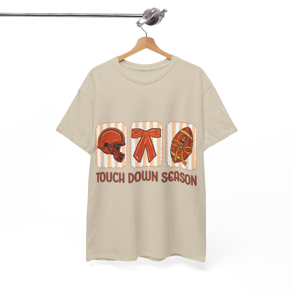 Touch Down Season Football Tee — Striped Fall Helmet & Bow Design Unisex Cotton Tee