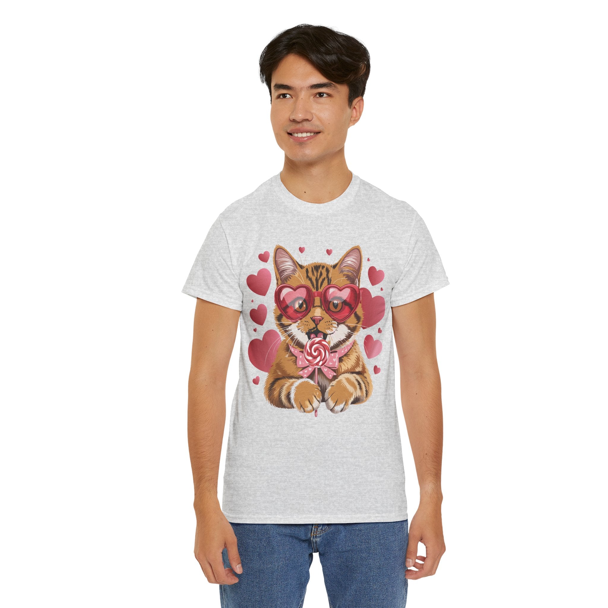 Valentine Cat Tee — Heart Glasses, Lollipop Bow Unisex Cotton Tee