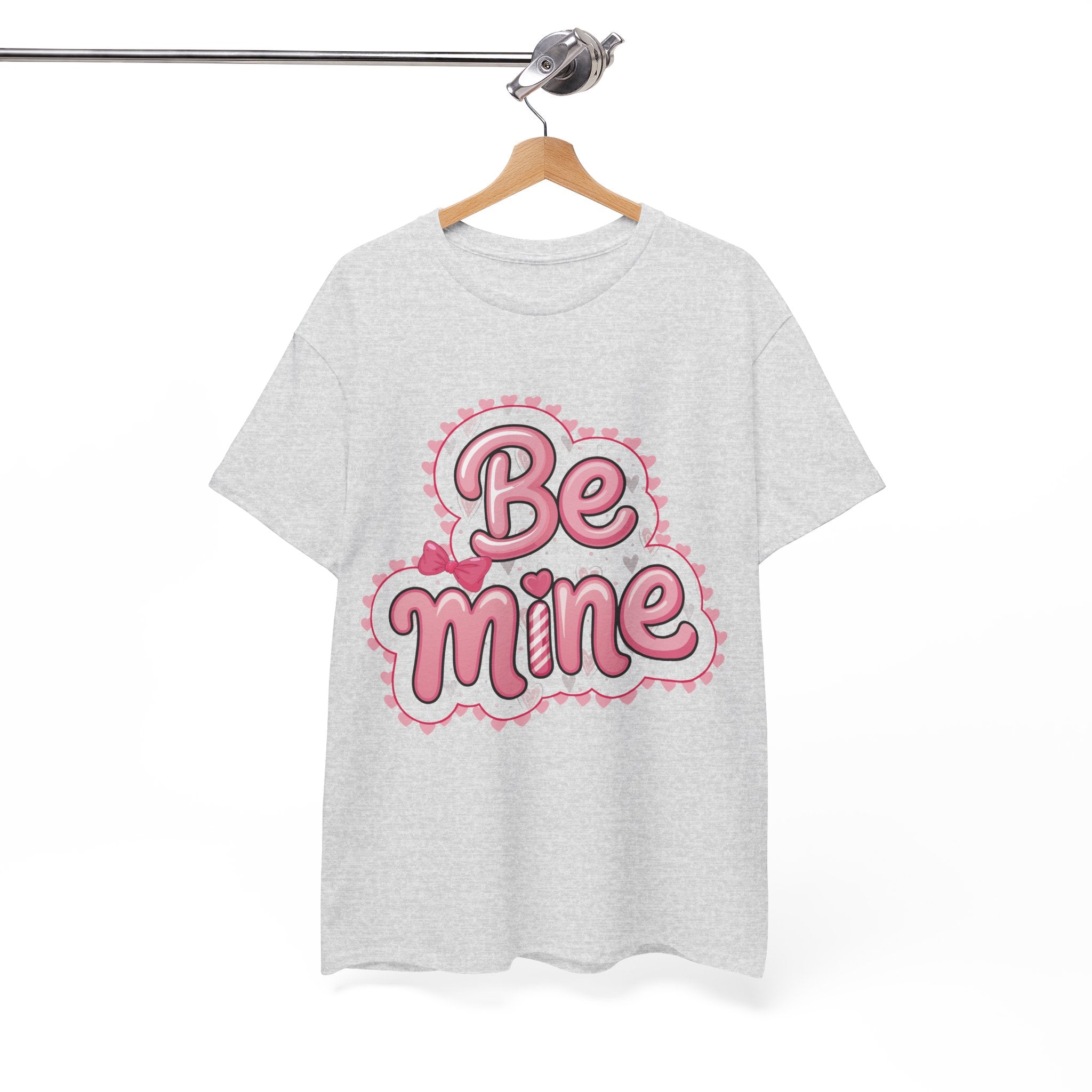 Be Mine Valentine T-Shirt — Pink Bubble Letters with Hearts & Bow..Unisex Cotton Tee