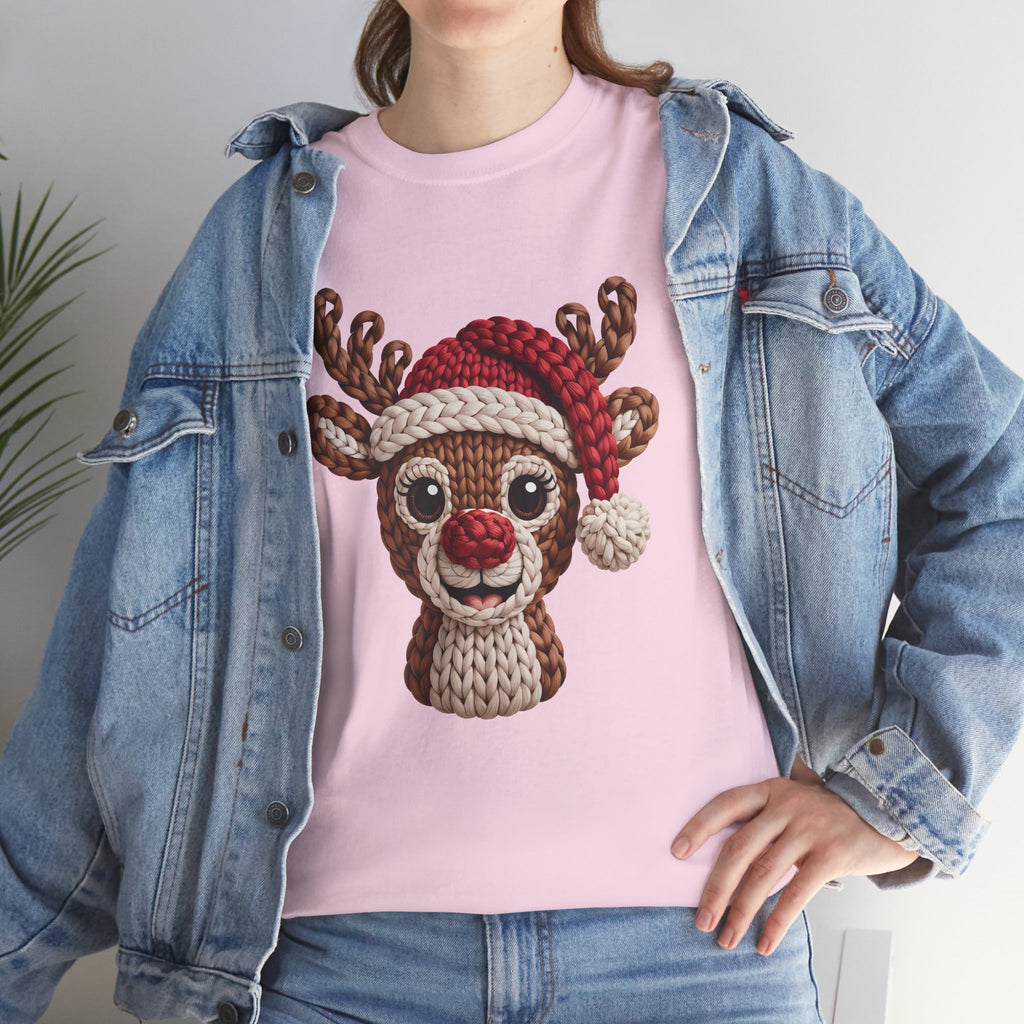 Reindeer in Santa Hat Cotton Tee — Joyful Faux-Yarn Holiday Unisex Coton T-Shirt