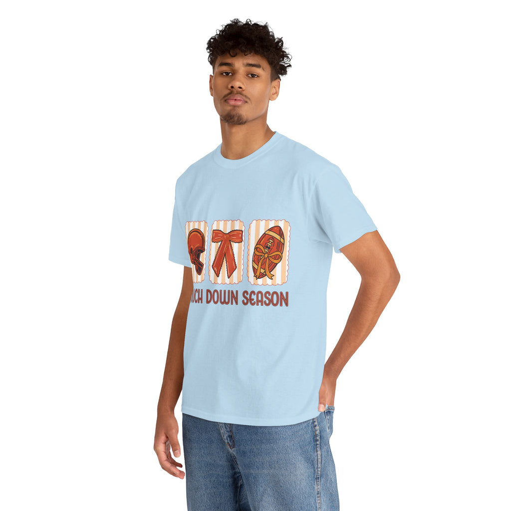 Touch Down Season Football Tee — Striped Fall Helmet & Bow Design Unisex Cotton Tee