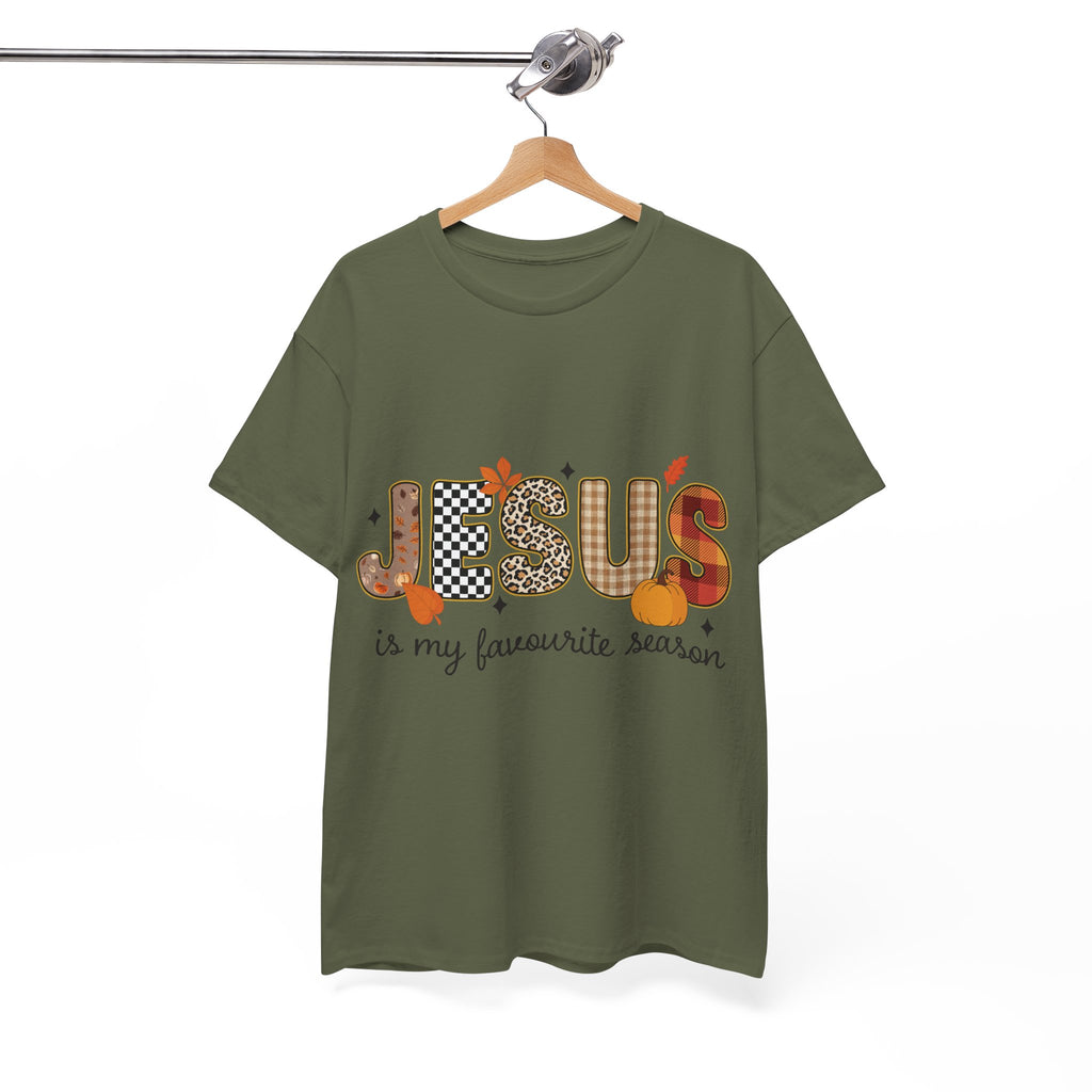 Jesus Is My Favorite Season Tee — Autumn Plaid & Leopard Lettering Unisex Cotton Tee