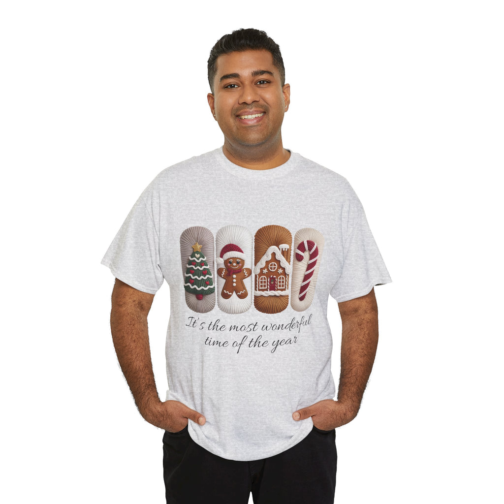 Christmas Faux-Yarn Tree Tee — Gingerbread House & Candy Cane Holiday Unisex Cotton T-Shirt