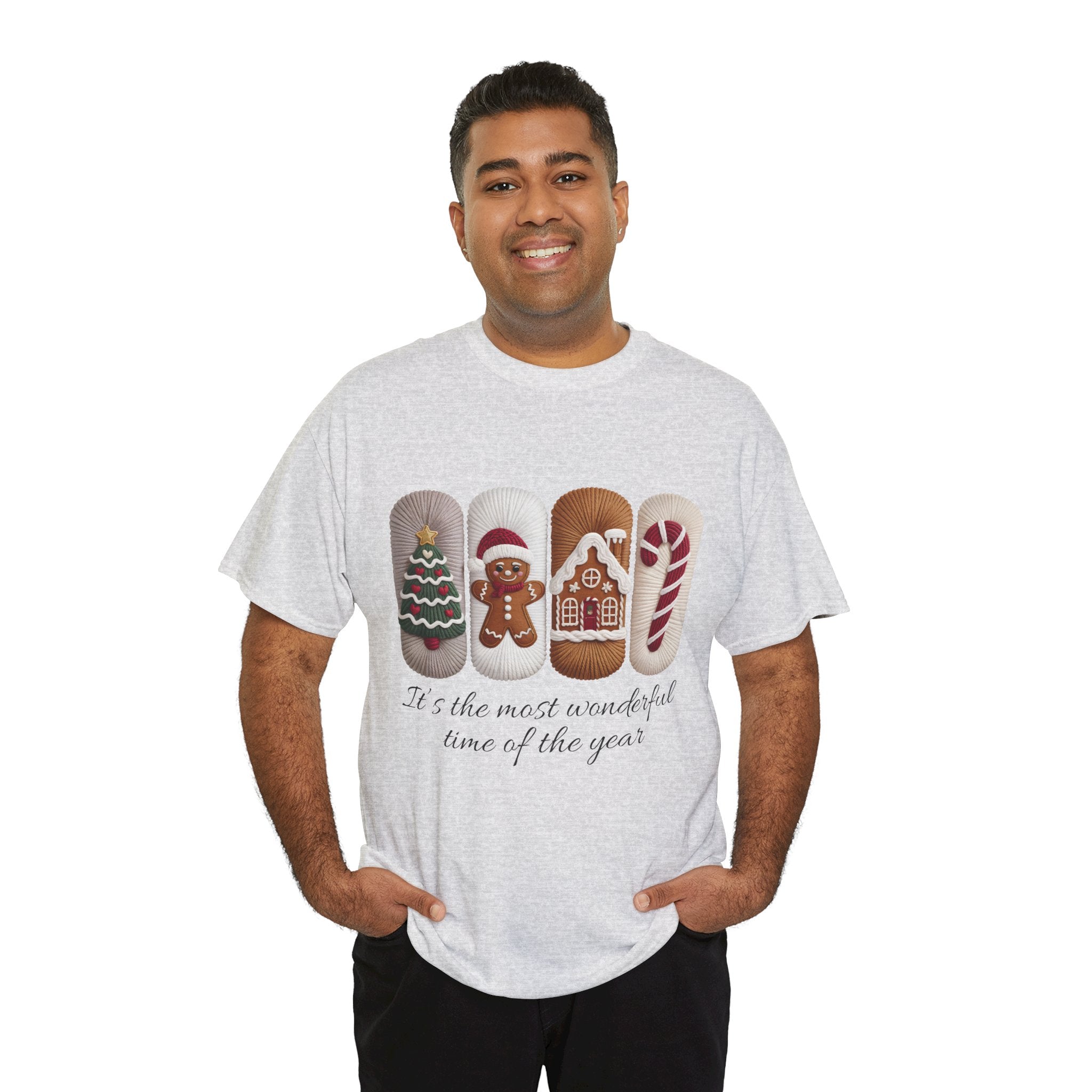 Christmas Faux-Yarn Tree Tee — Gingerbread House & Candy Cane Holiday Unisex Cotton T-Shirt