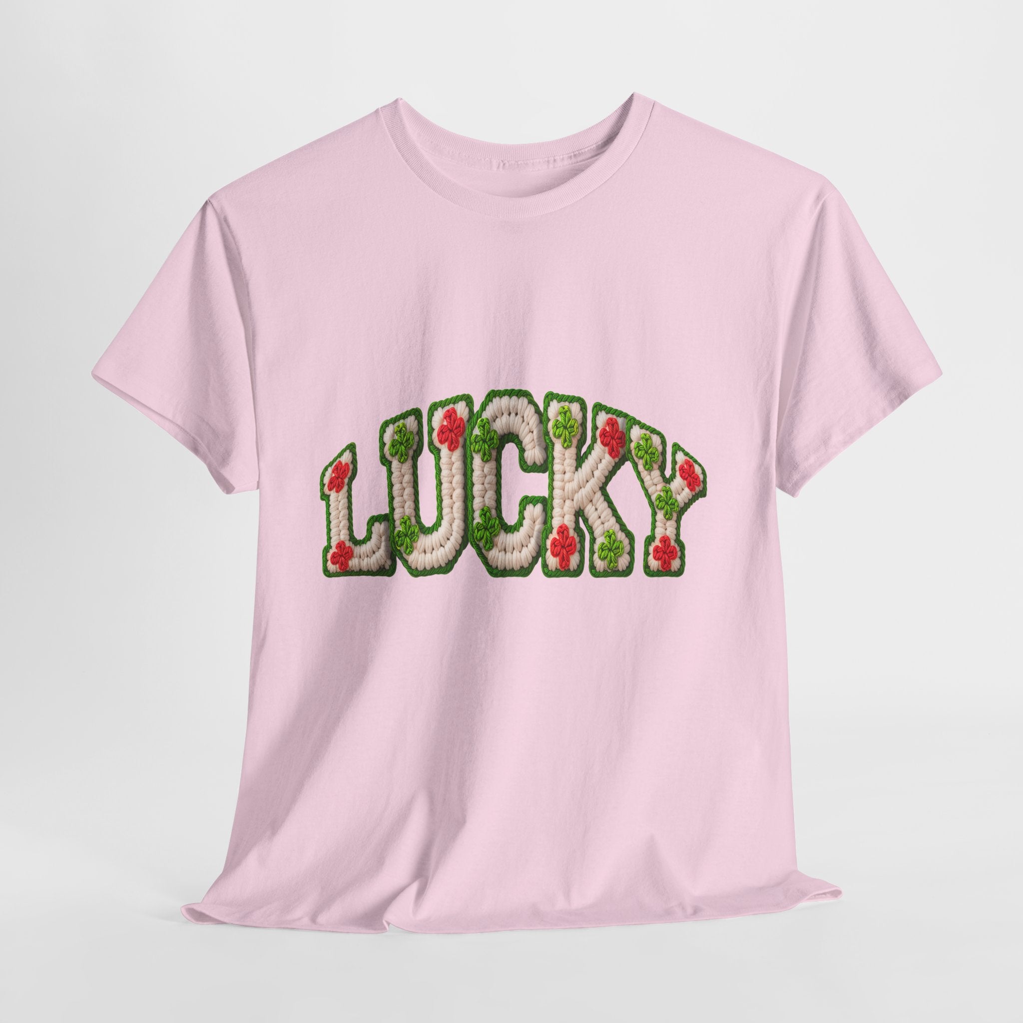 Lucky Crochet Clover T-Shirt — Faux-Yarn Embroidered St. Patrick’s Unisex Cotton Tee