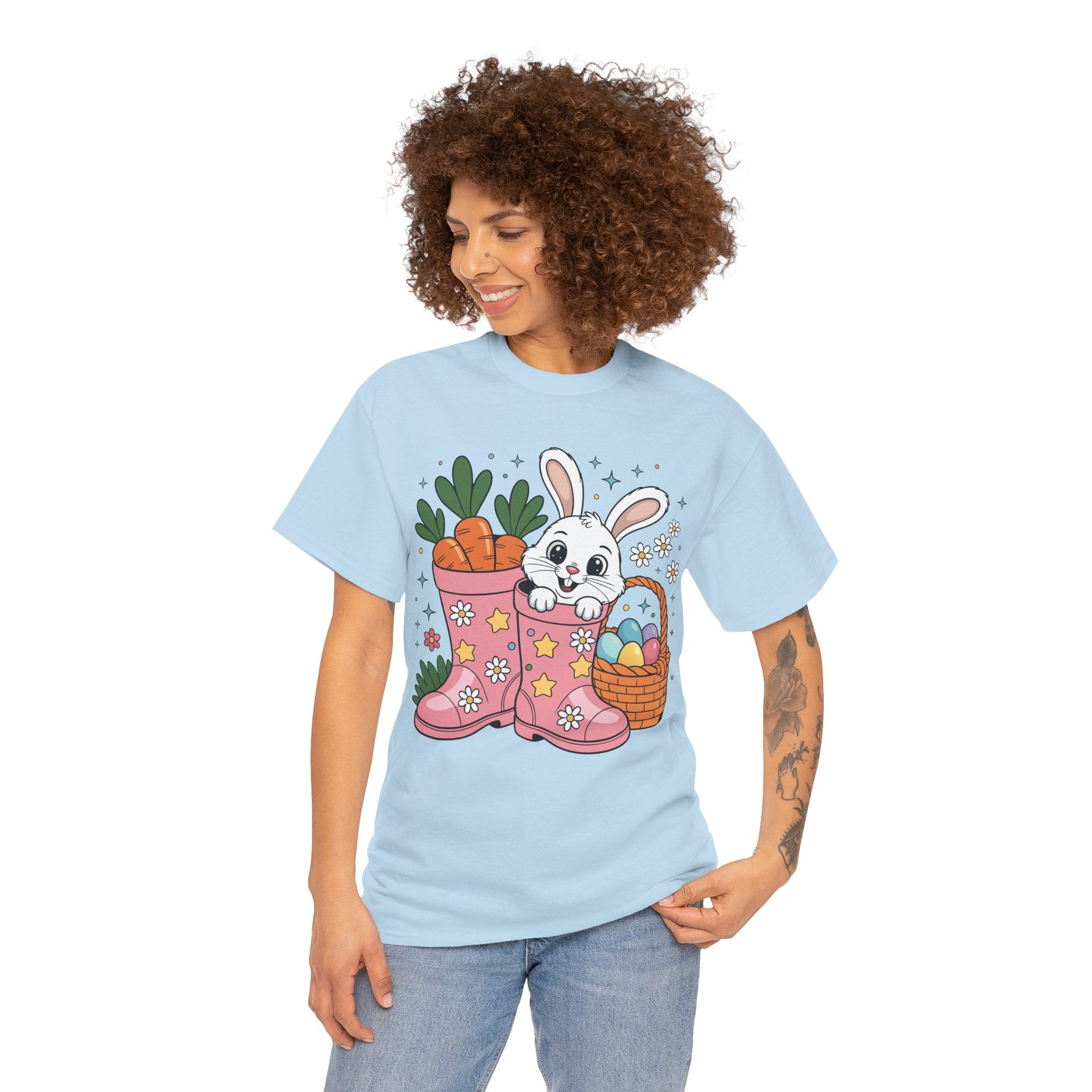 Easter Bunny in Pink Rain Boots T-Shirt — Cartoon Bunny, Carrots & Colorful Eggs Unisex Cotton Tee