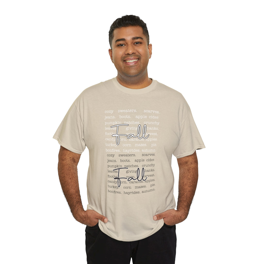 Fall Cursive Typography T-Shirt — Sweaters, Cider & Pumpkins. Unisex Cotton Tee