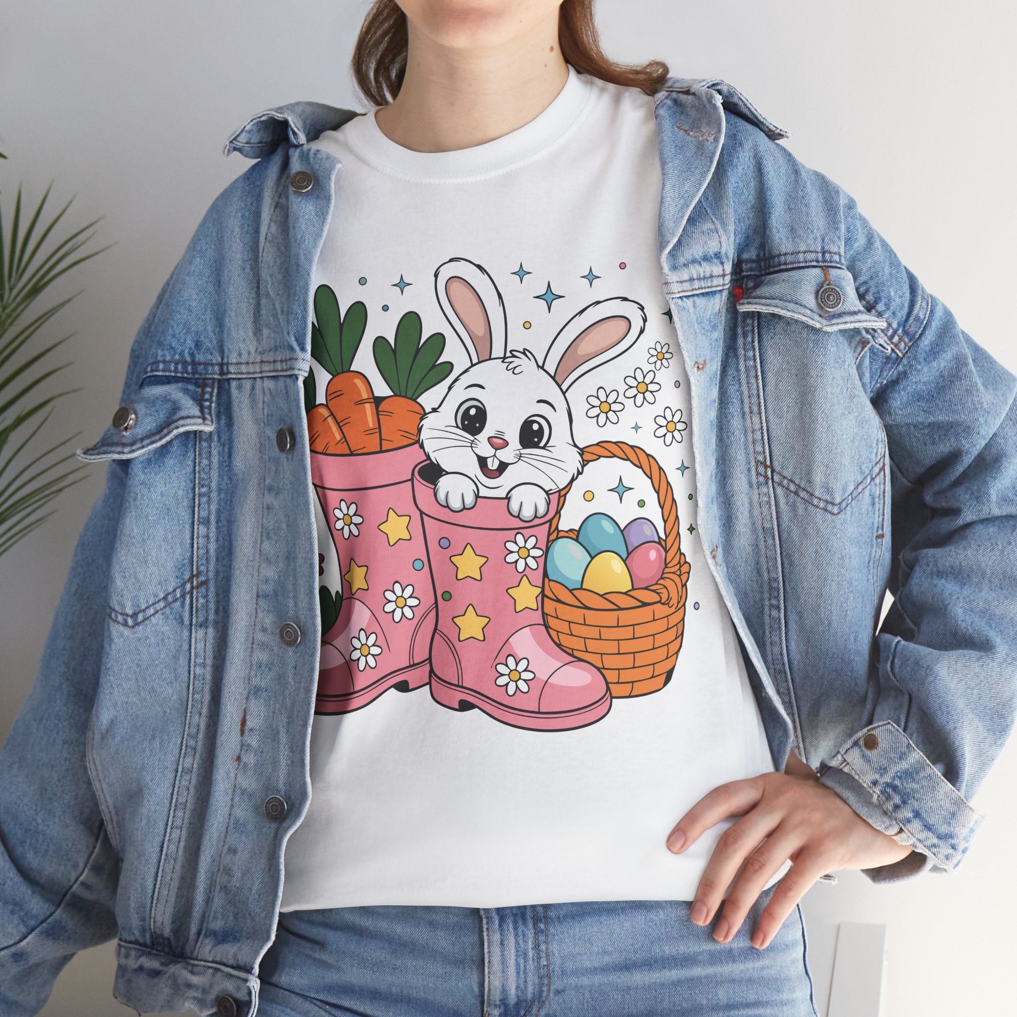 Easter Bunny in Pink Rain Boots T-Shirt — Cartoon Bunny, Carrots & Colorful Eggs Unisex Cotton Tee