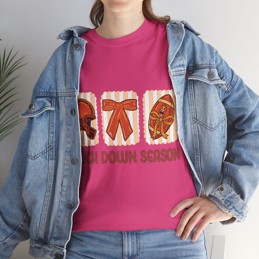 Touch Down Season Football Tee — Striped Fall Helmet & Bow Design Unisex Cotton Tee