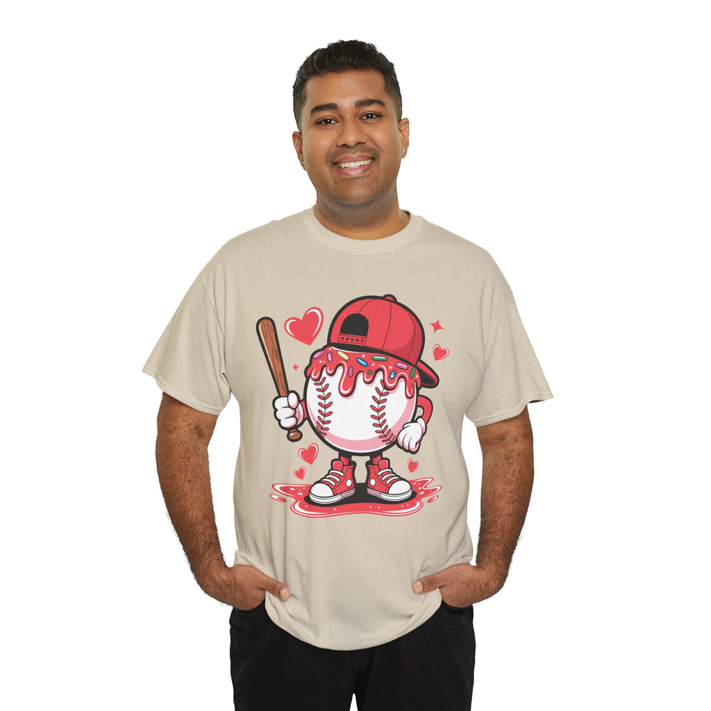 Cute Baseball Character T-Shirt — Red Cap & Icing Top Graphic with Hearts Unisex Cotton Tee