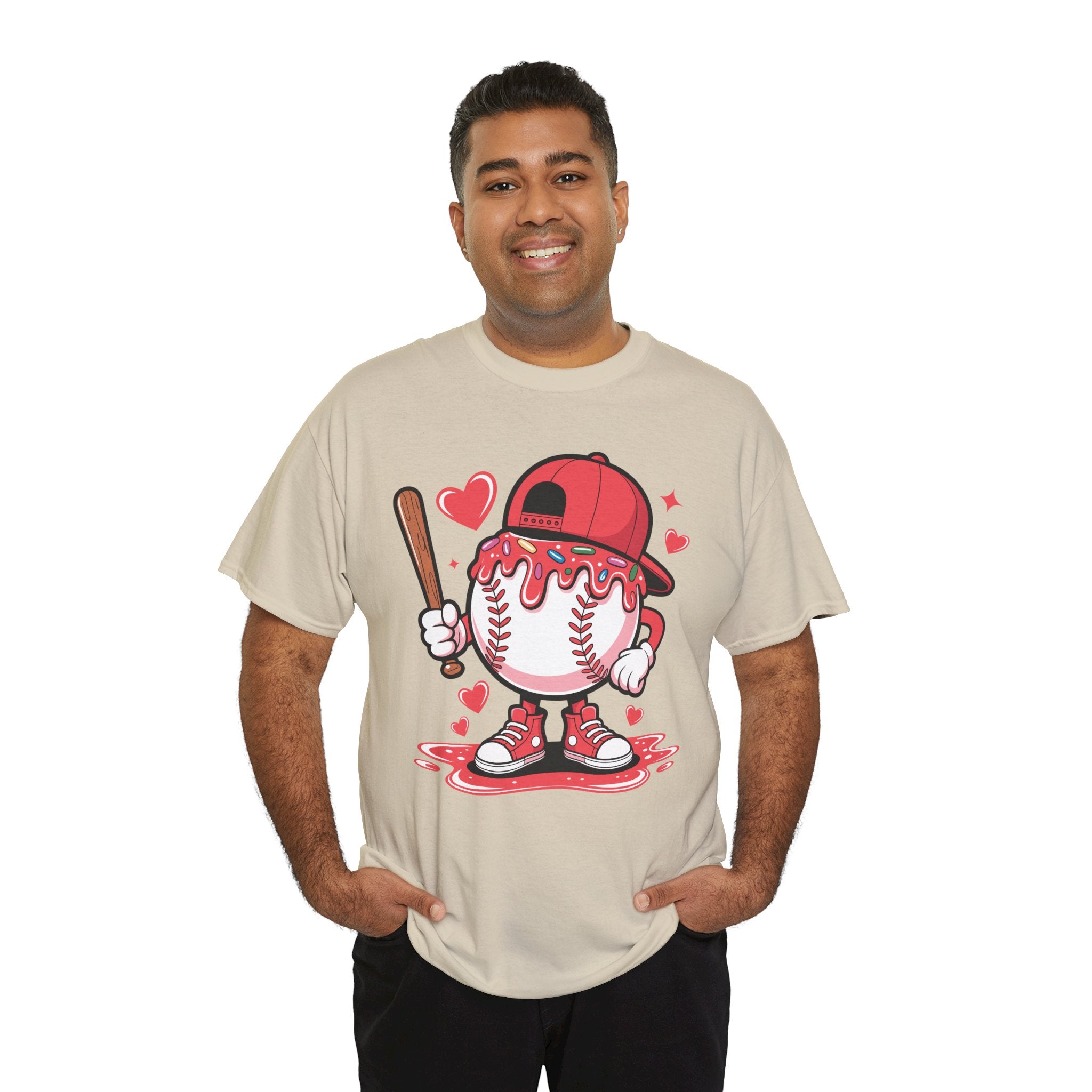 Cute Baseball Character T-Shirt — Red Cap & Icing Top Graphic with Hearts Unisex Cotton Tee