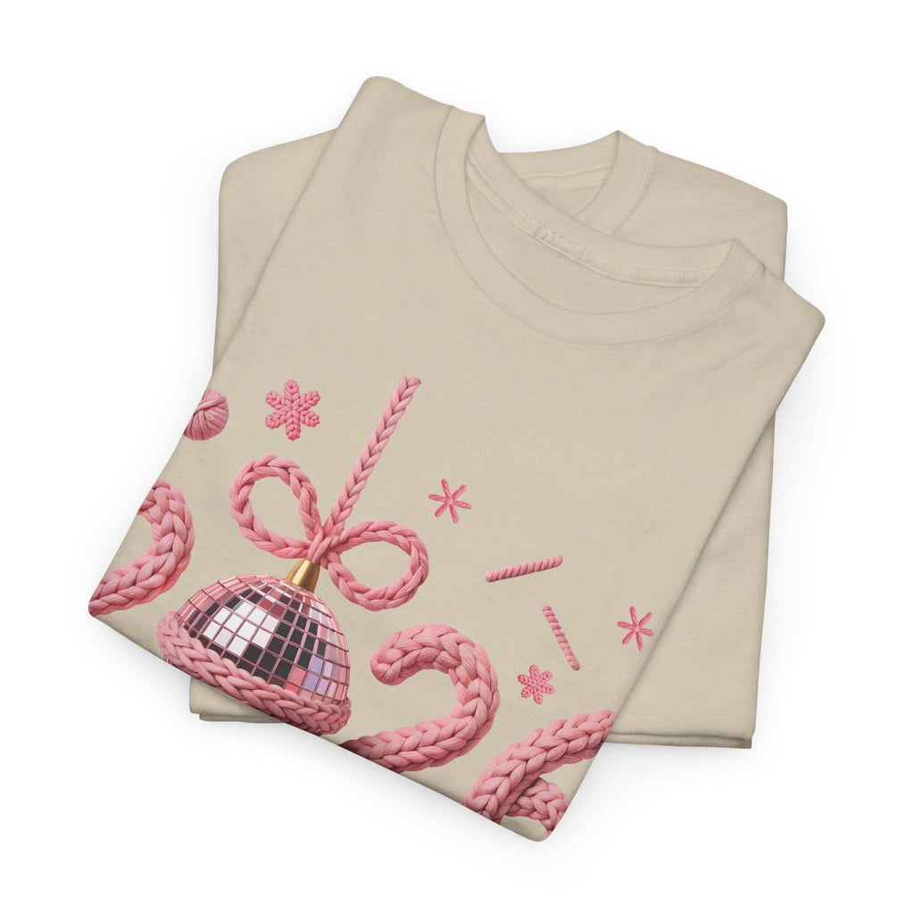 2026 Happy New Year Pink Knitted Disco Ball Unisex Cotton Tee
