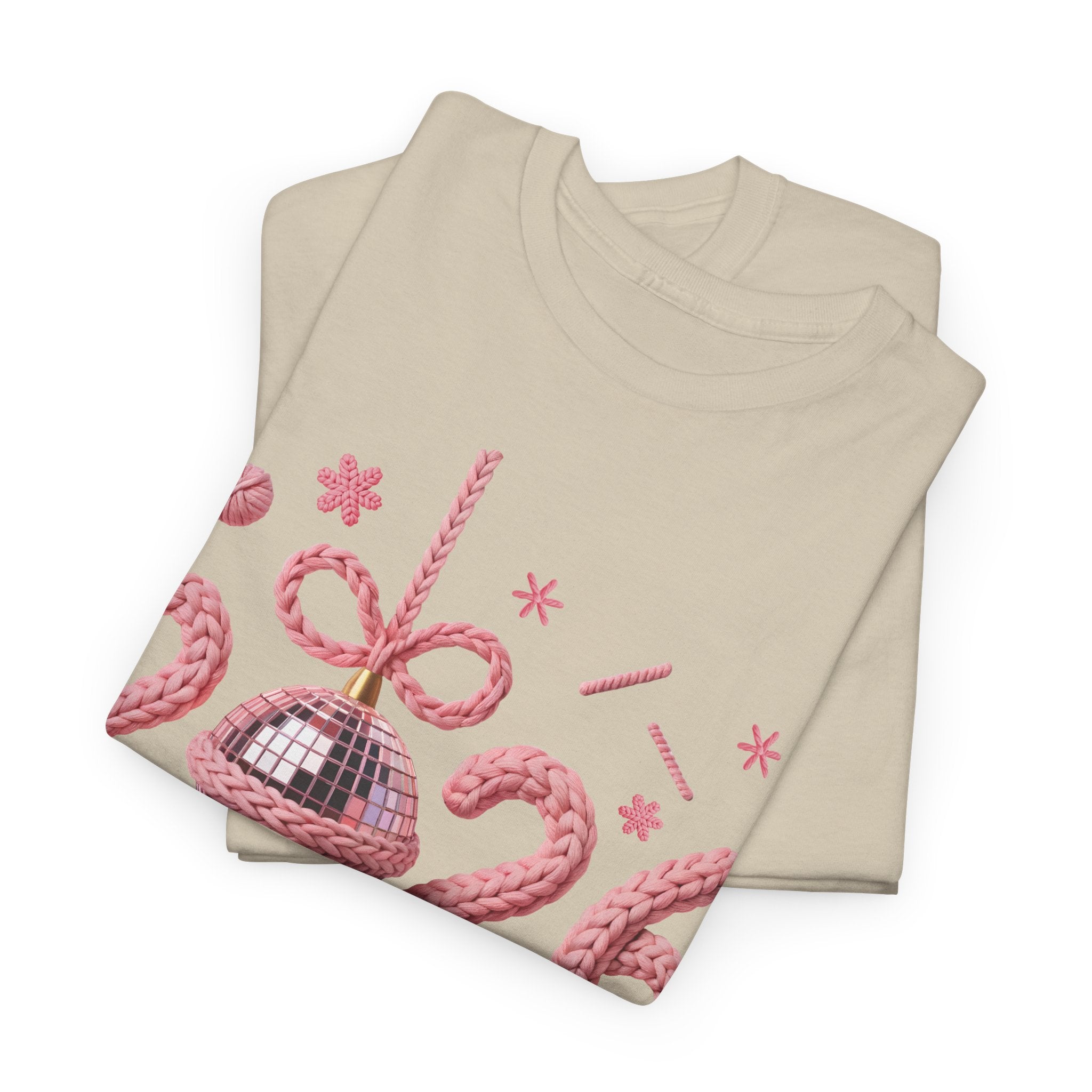 2026 Happy New Year Pink Knitted Disco Ball Unisex Cotton Tee