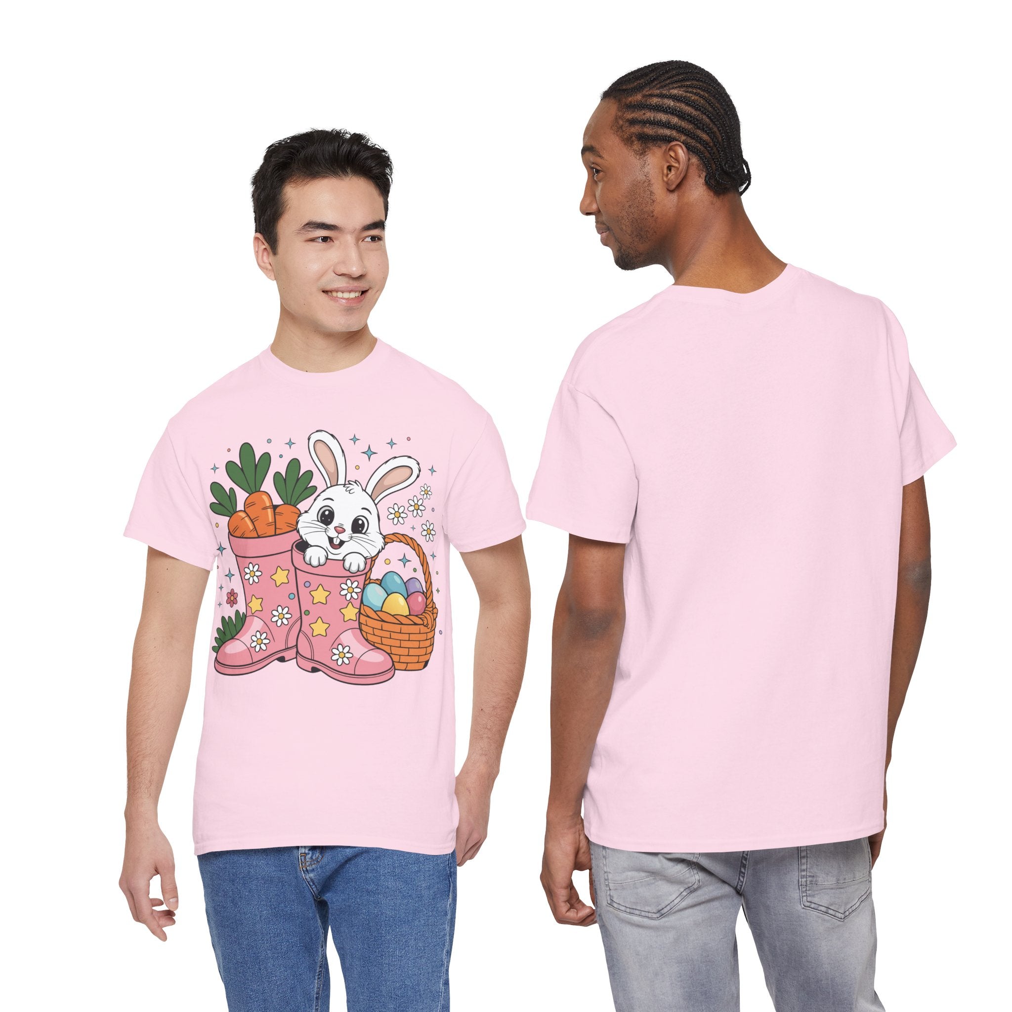 Easter Bunny in Pink Rain Boots T-Shirt — Cartoon Bunny, Carrots & Colorful Eggs Unisex Cotton Tee