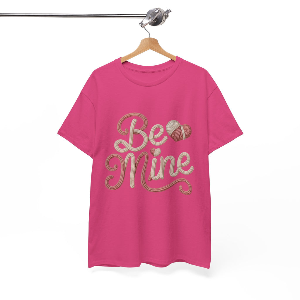 Be Mine Yarn Heart T-Shirt — Valentine’s Faux-Yarn Pink & Cream Unisex Cotton Tee