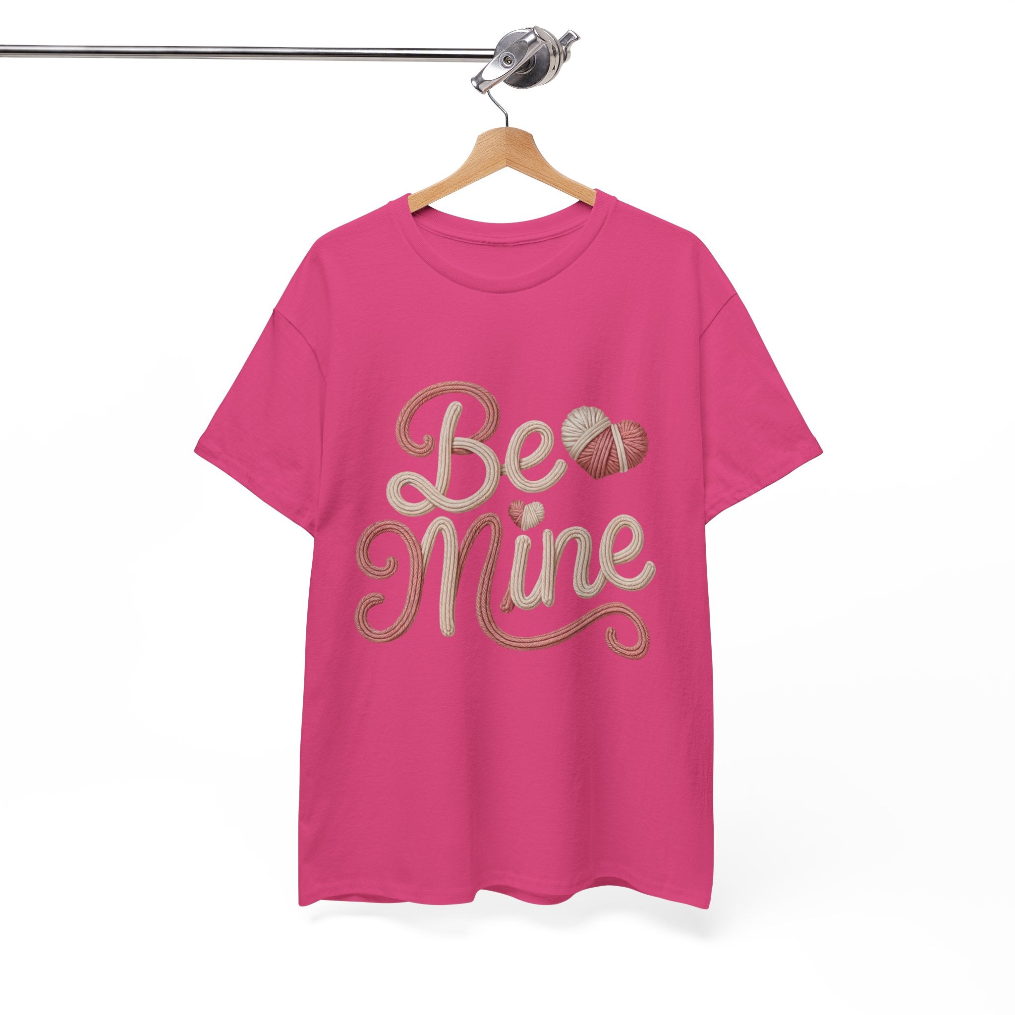Be Mine Yarn Heart T-Shirt — Valentine’s Faux-Yarn Pink & Cream Unisex Cotton Tee