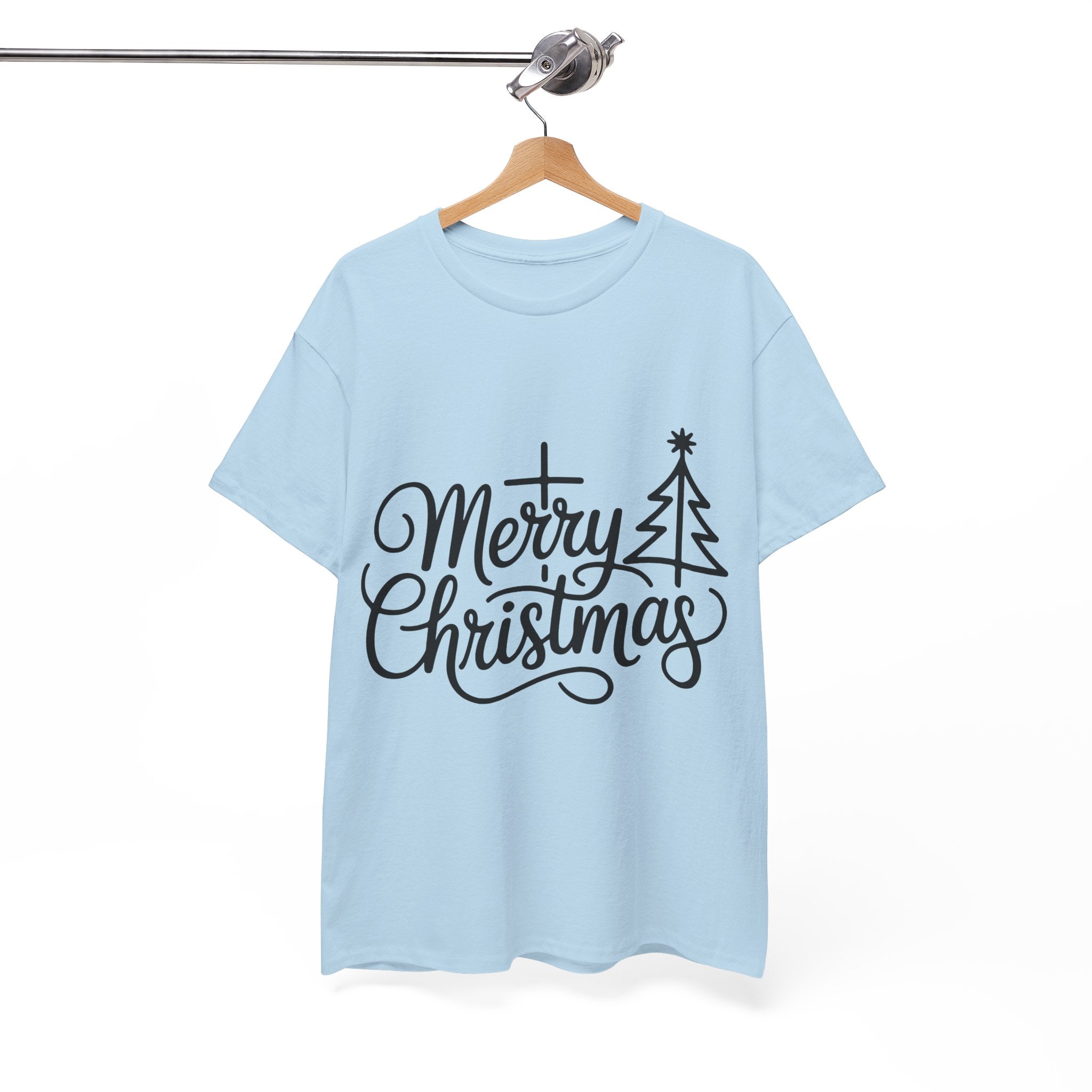Merry Christmas Script T-Shirt with Cross & Tree(Unisex Cotton Tee)
