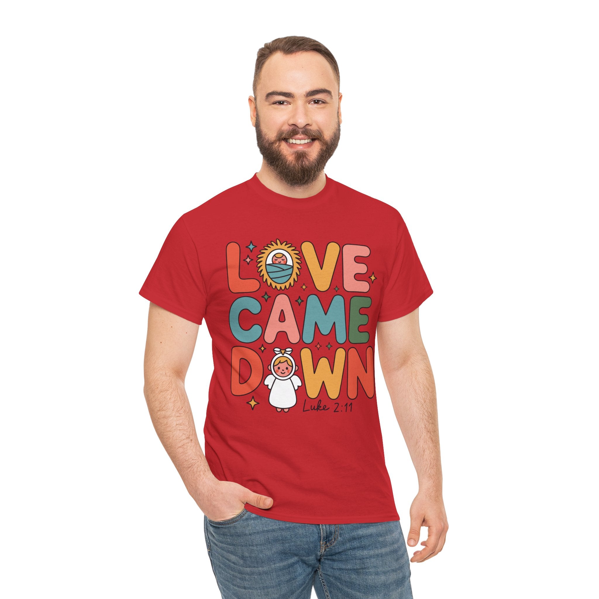Love Came Down Christmas Tee — Baby Jesus Manger Angel (Luke 2:11)..Unisex Cotton Tee