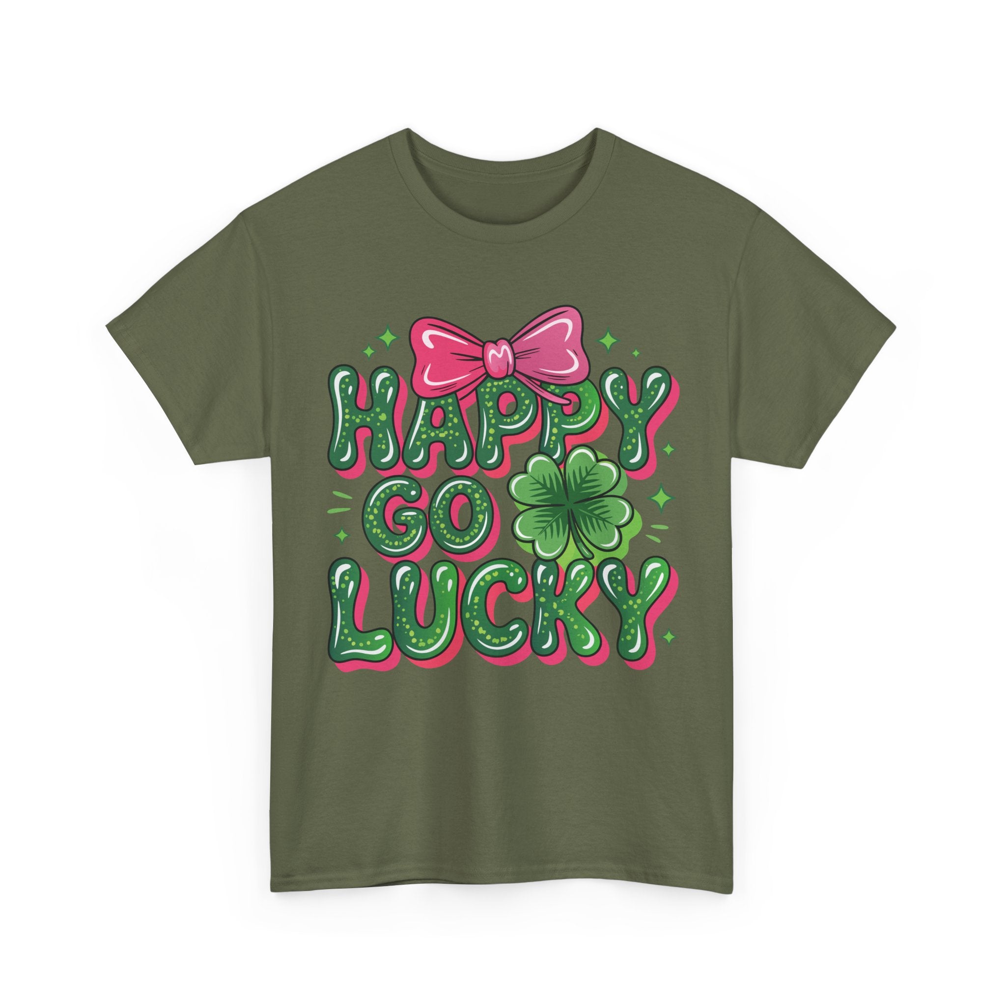 Happy Go Lucky Four-Leaf Clover Tee — Glossy Green Letters & Pink Bow Unisex Cotton Tee