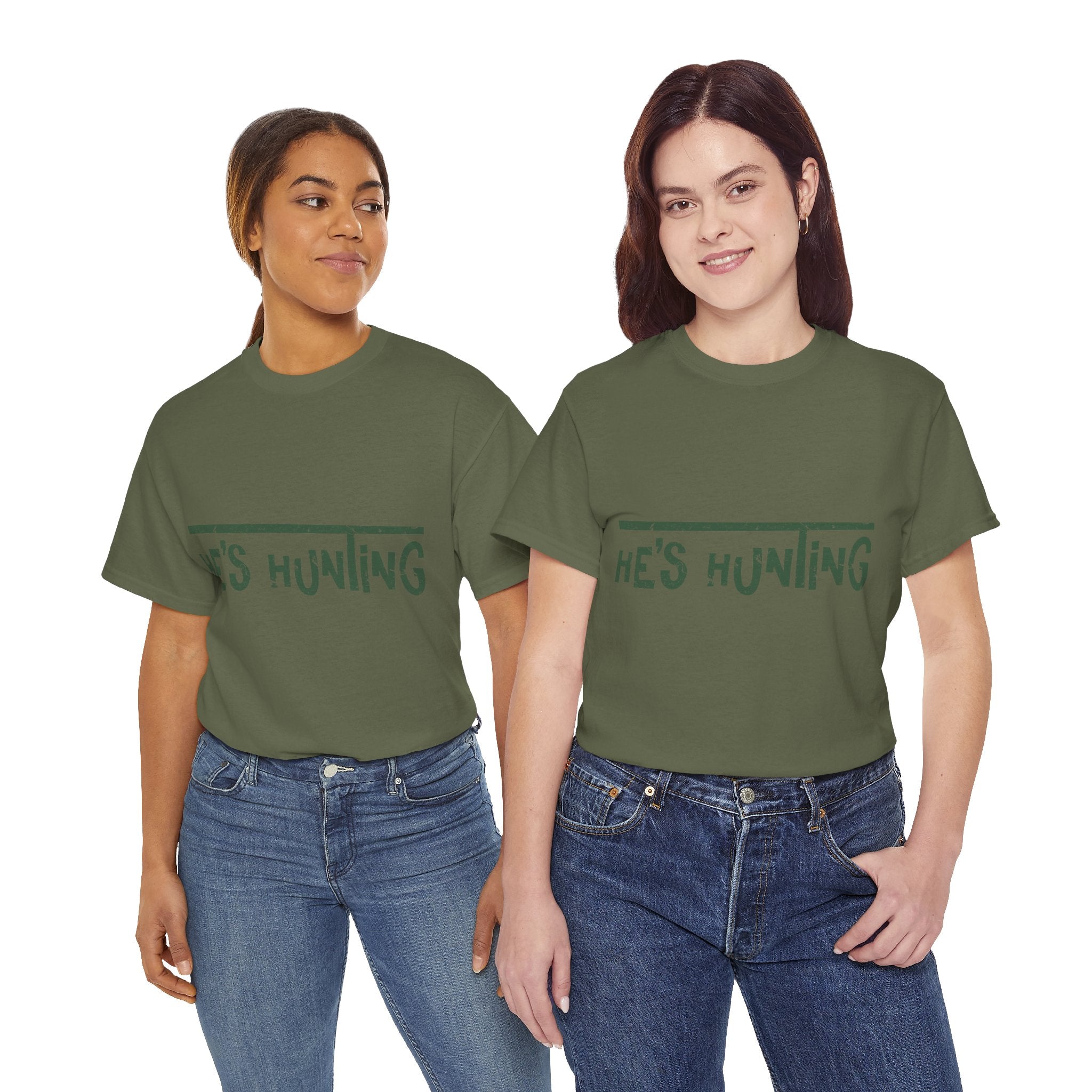 He’s Hunting Distressed Tee — Minimalist Tan Hunting Unisex Cotton Tshirt