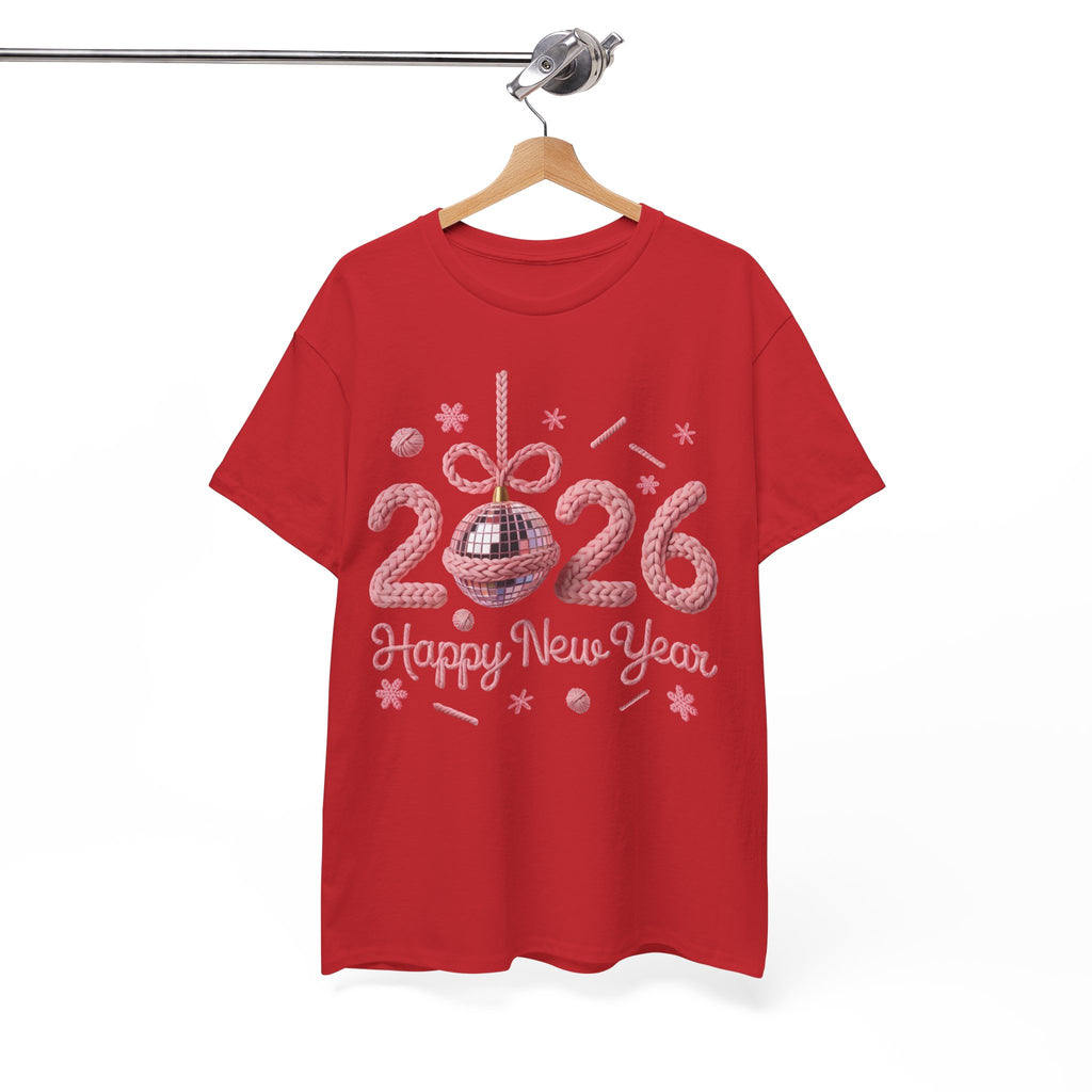 2026 Happy New Year Pink Knitted Disco Ball Unisex Cotton Tee
