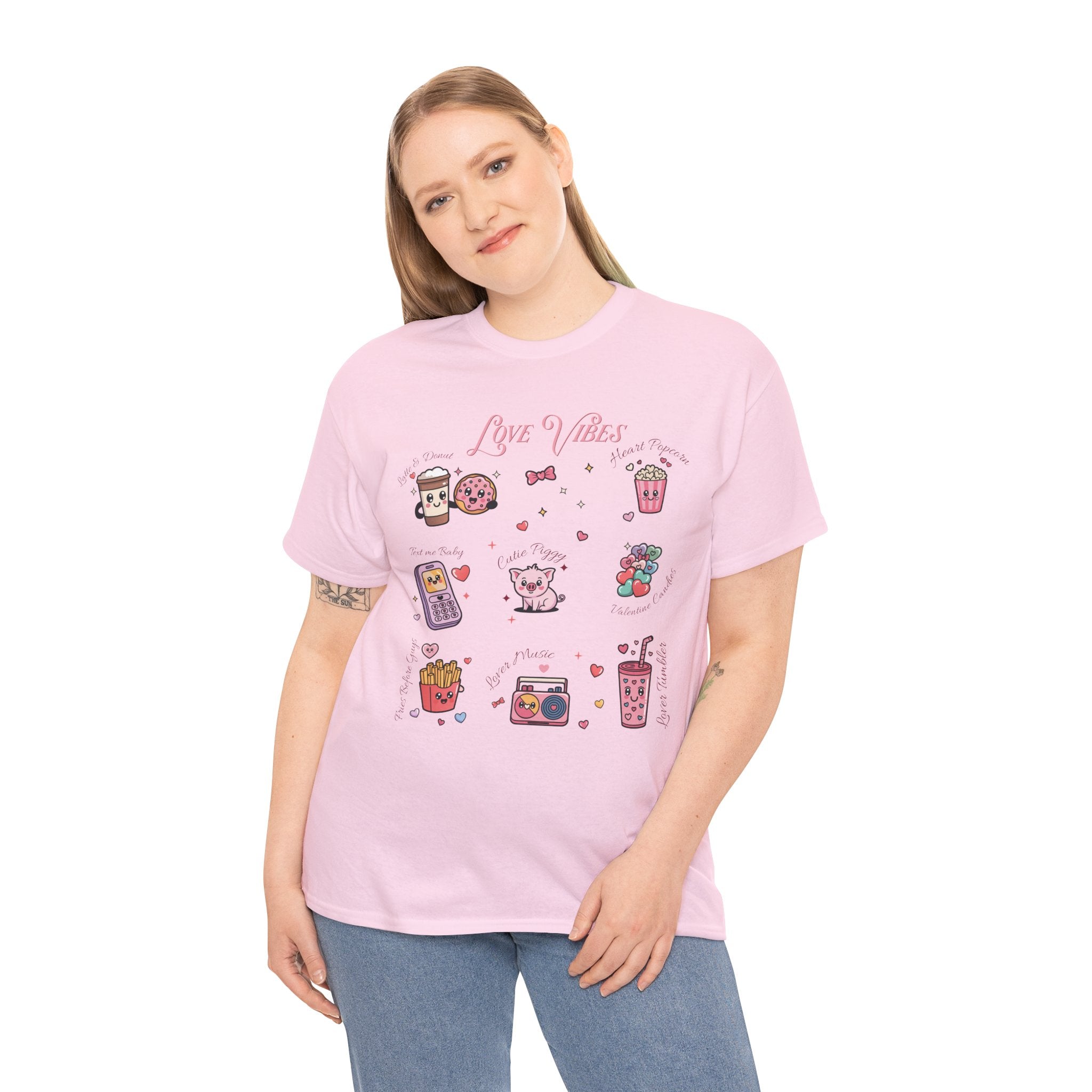 Love Vibes Kawaii Valentine T-Shirt — Cute Donut, Coffee & Piglet Design Unisex Cotton Tee