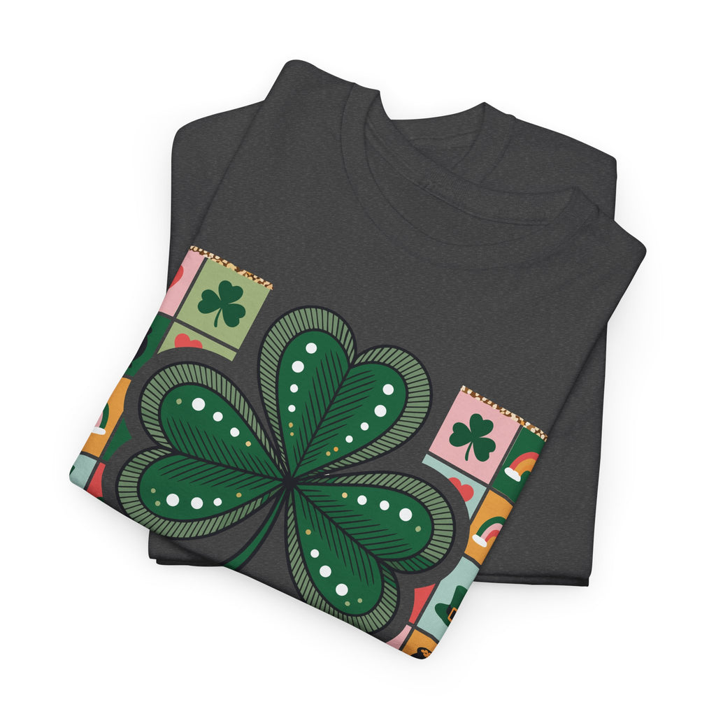 Lucky Charm & Cheer Clover Tee — Patchwork St. Patrick’s Day Unisex Cotton T-Shirt
