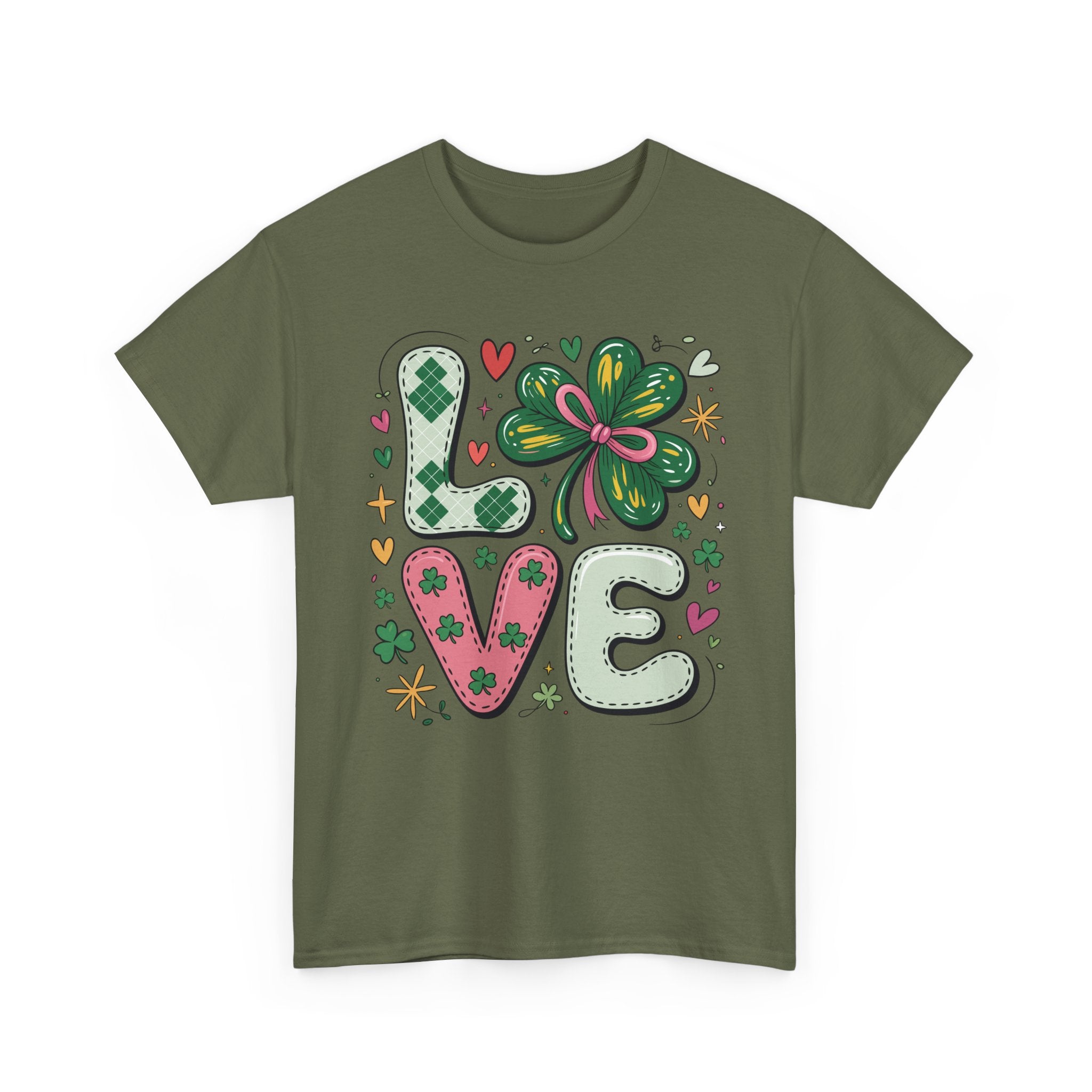 Stitched Clover 'LOVE' Tee — Heart & Patchwork St. Patrick's Unisex Cotton T-Shirt