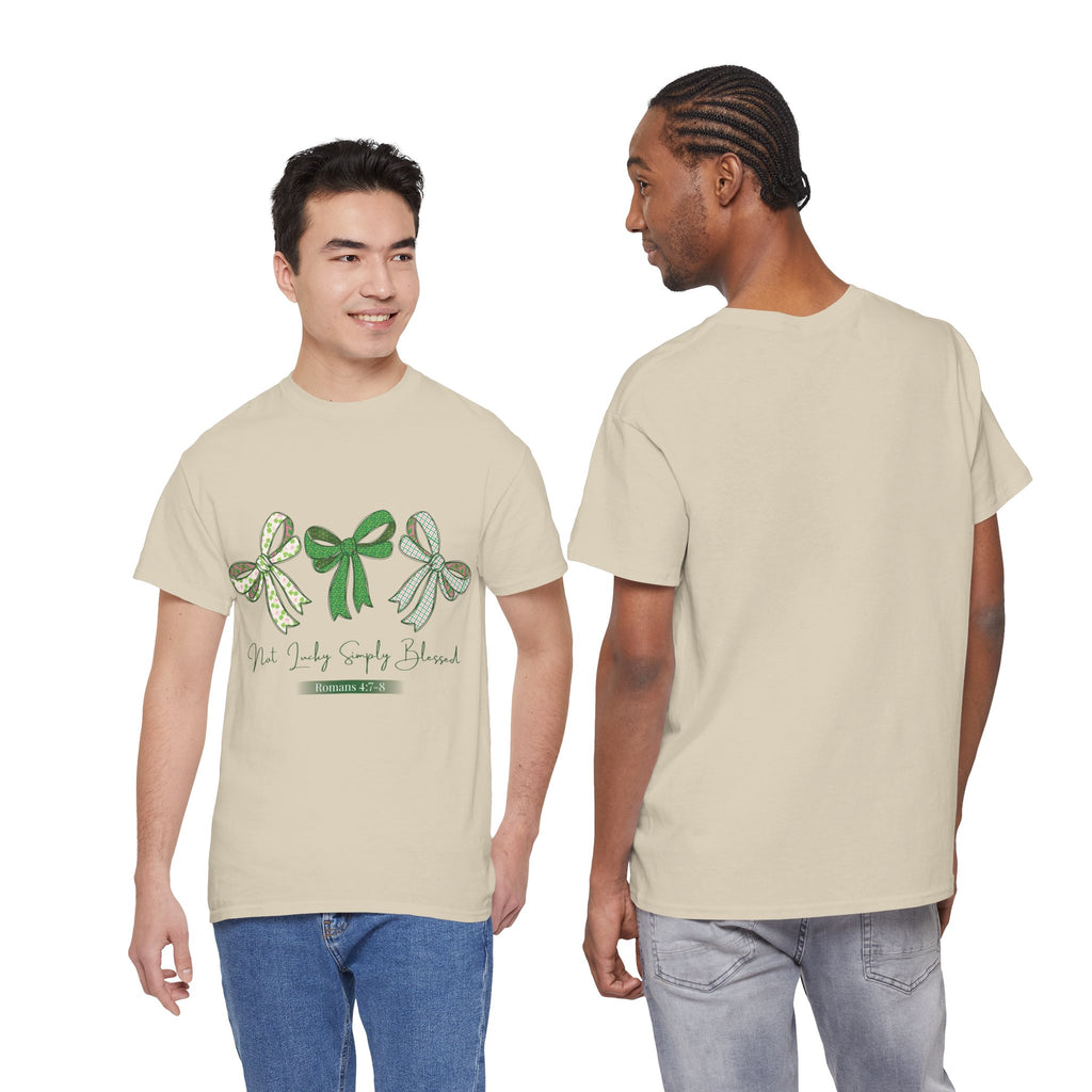 Not Lucky Simply Blessed Tee — Romans 4:7-8 Green Bow Christian Unisex Cotton T-Shirt