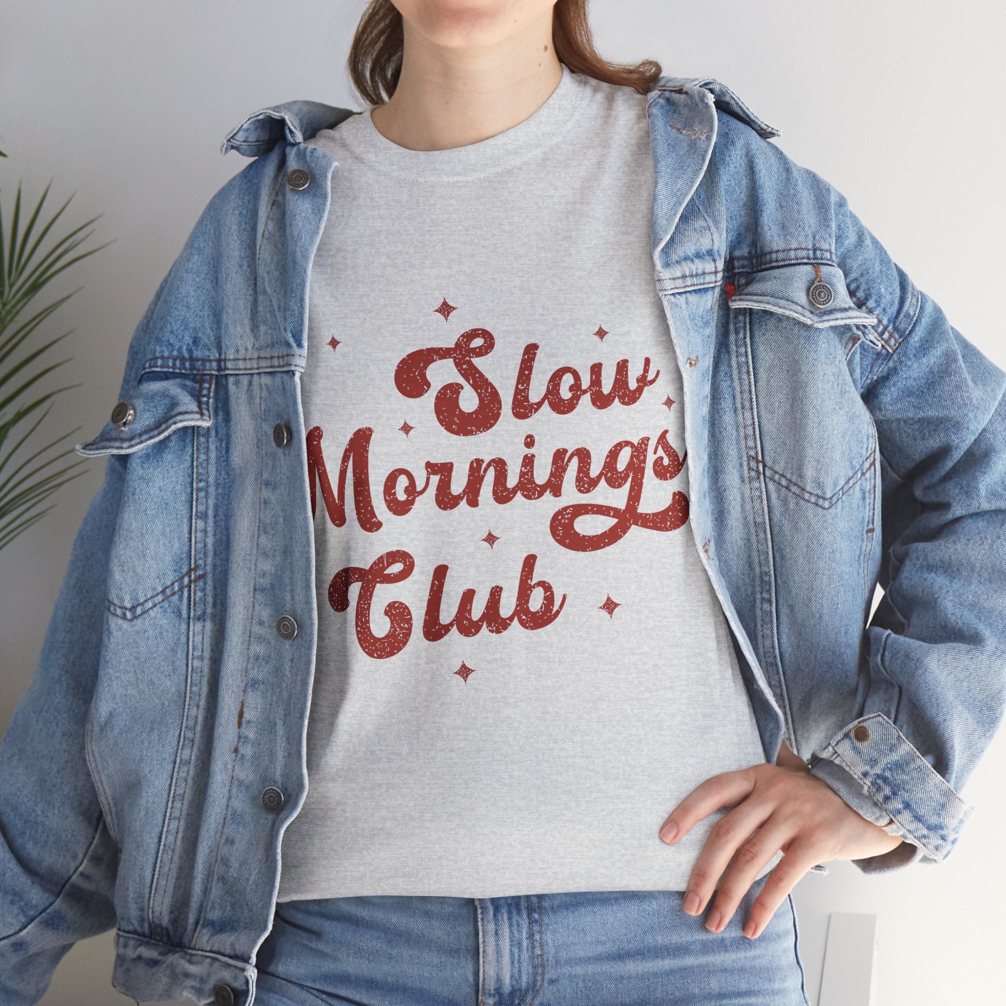 Slow Mornings Club T-Shirt — Retro Red Sparkle Unisex Cotton Tee