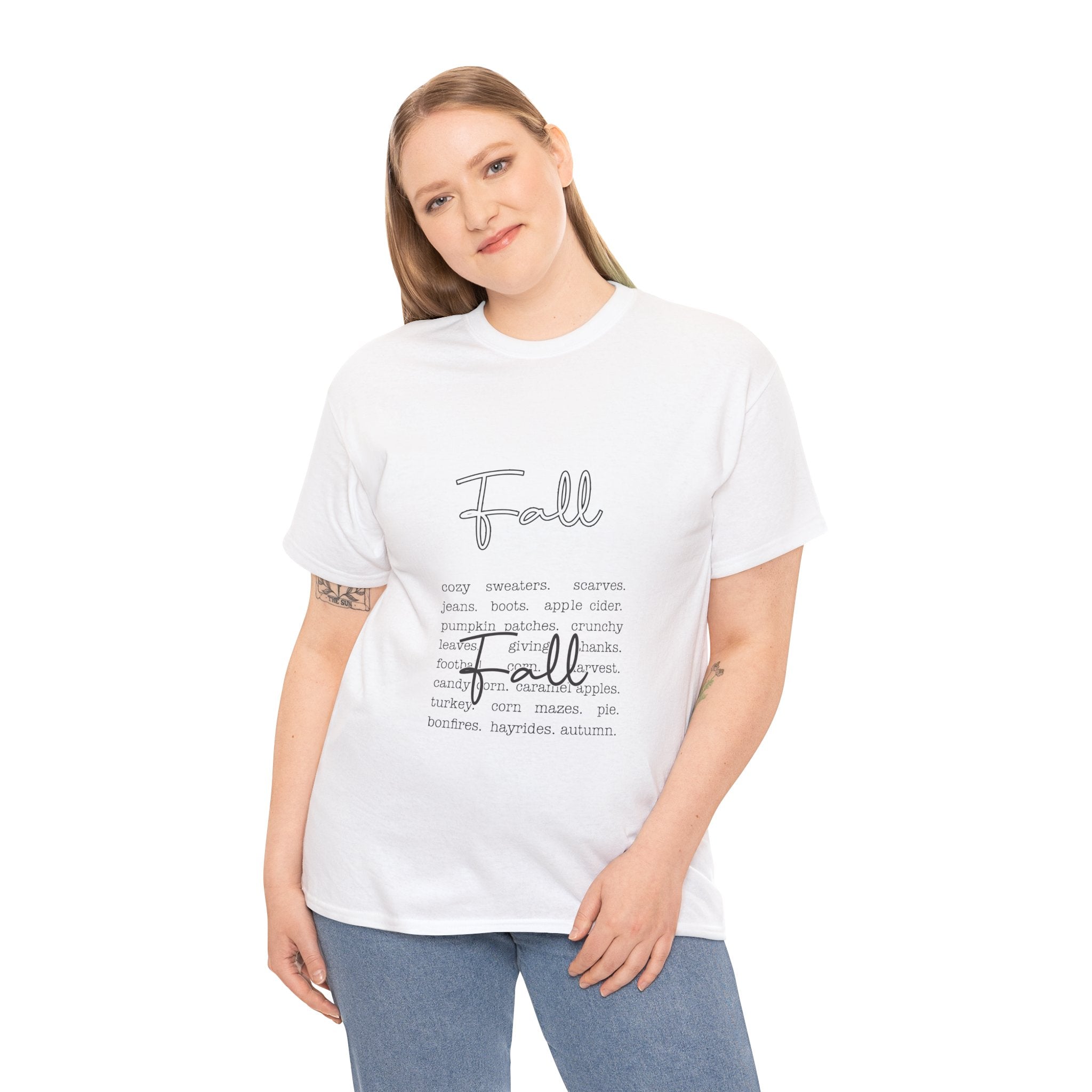 Fall Cursive Typography T-Shirt — Sweaters, Cider & Pumpkins. Unisex Cotton Tee