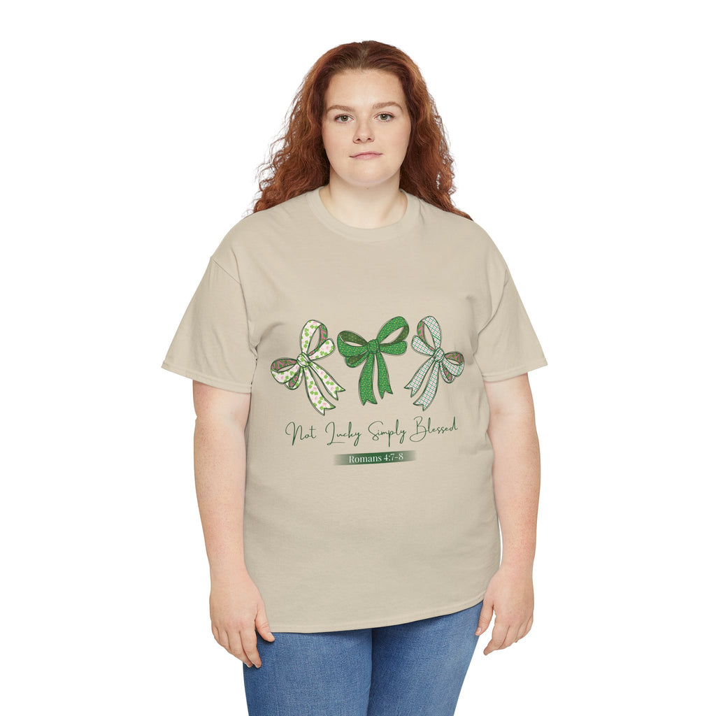 Not Lucky Simply Blessed Tee — Romans 4:7-8 Green Bow Christian Unisex Cotton T-Shirt