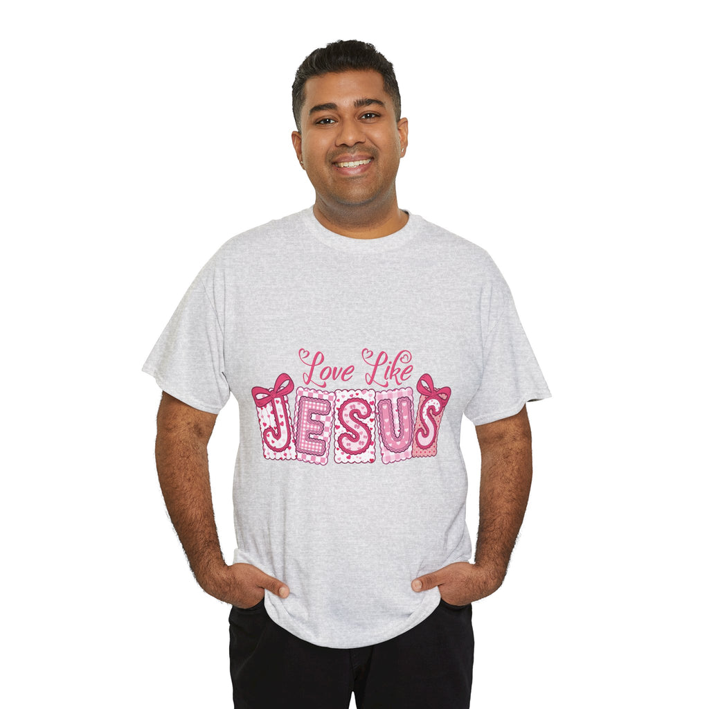 Love Like Jesus Patchwork Tee — Pink Stitched Heart Graphic.Unisex Cotton Tee