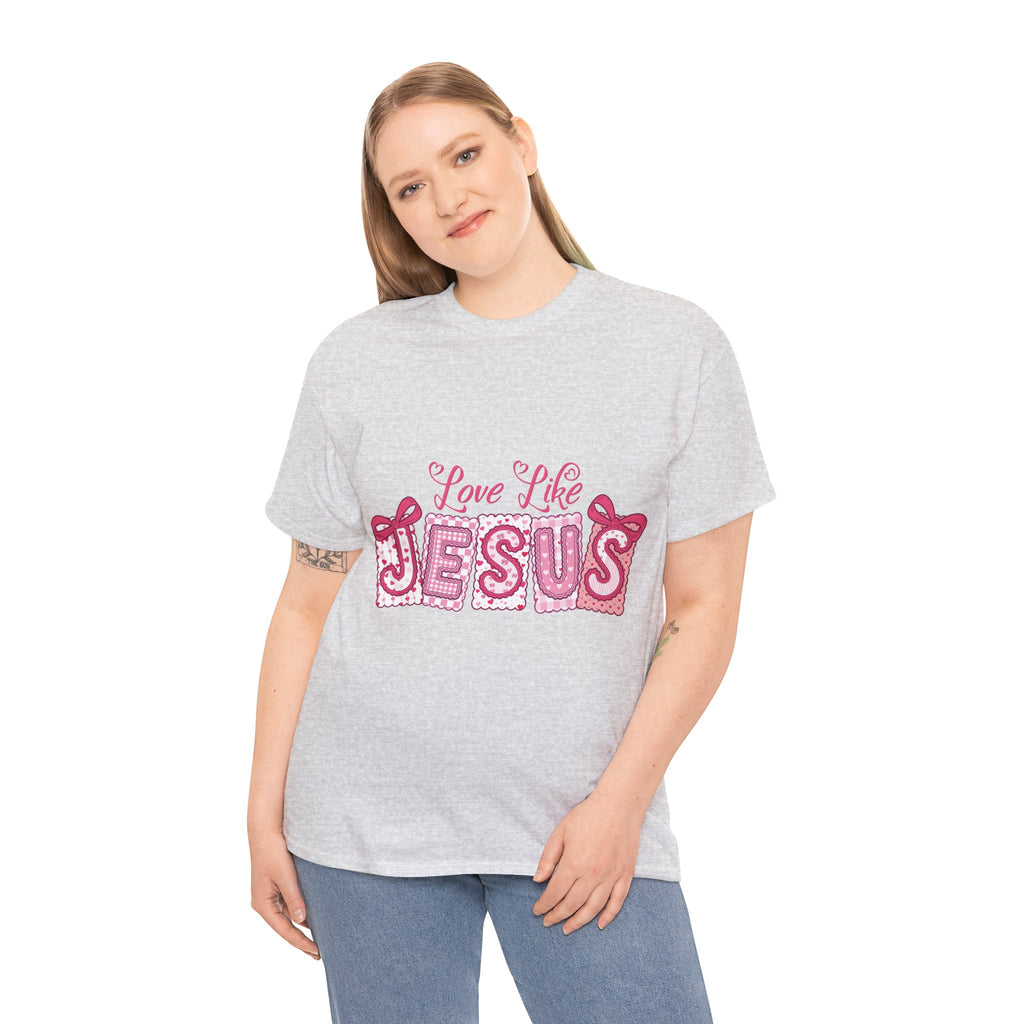 Love Like Jesus Patchwork Tee — Pink Stitched Heart Graphic.Unisex Cotton Tee