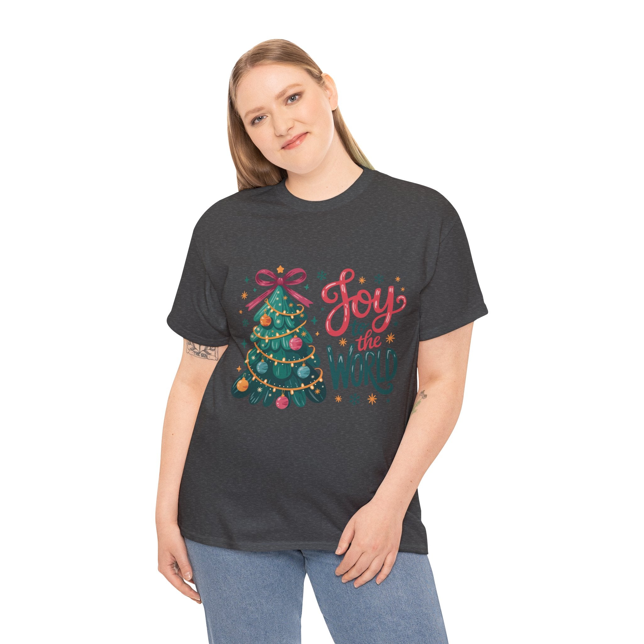 Joy to the World Christmas Tee — Festive Tree with Pink Bow..Unisex Cotton Tee