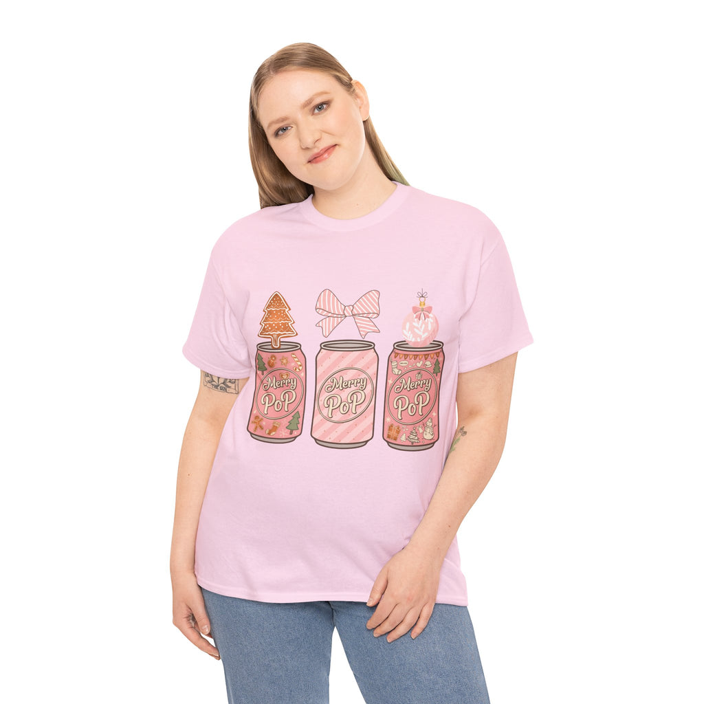 Merry Pop Christmas Soda Can Tee — Pastel Holiday Graphic Unisex Cotton T-Shirt