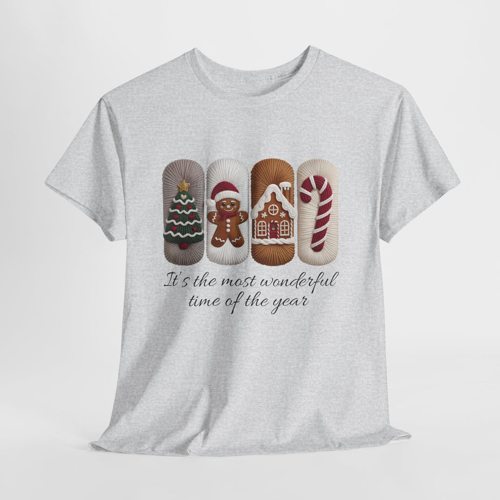 Christmas Faux-Yarn Tree Tee — Gingerbread House & Candy Cane Holiday Unisex Cotton T-Shirt