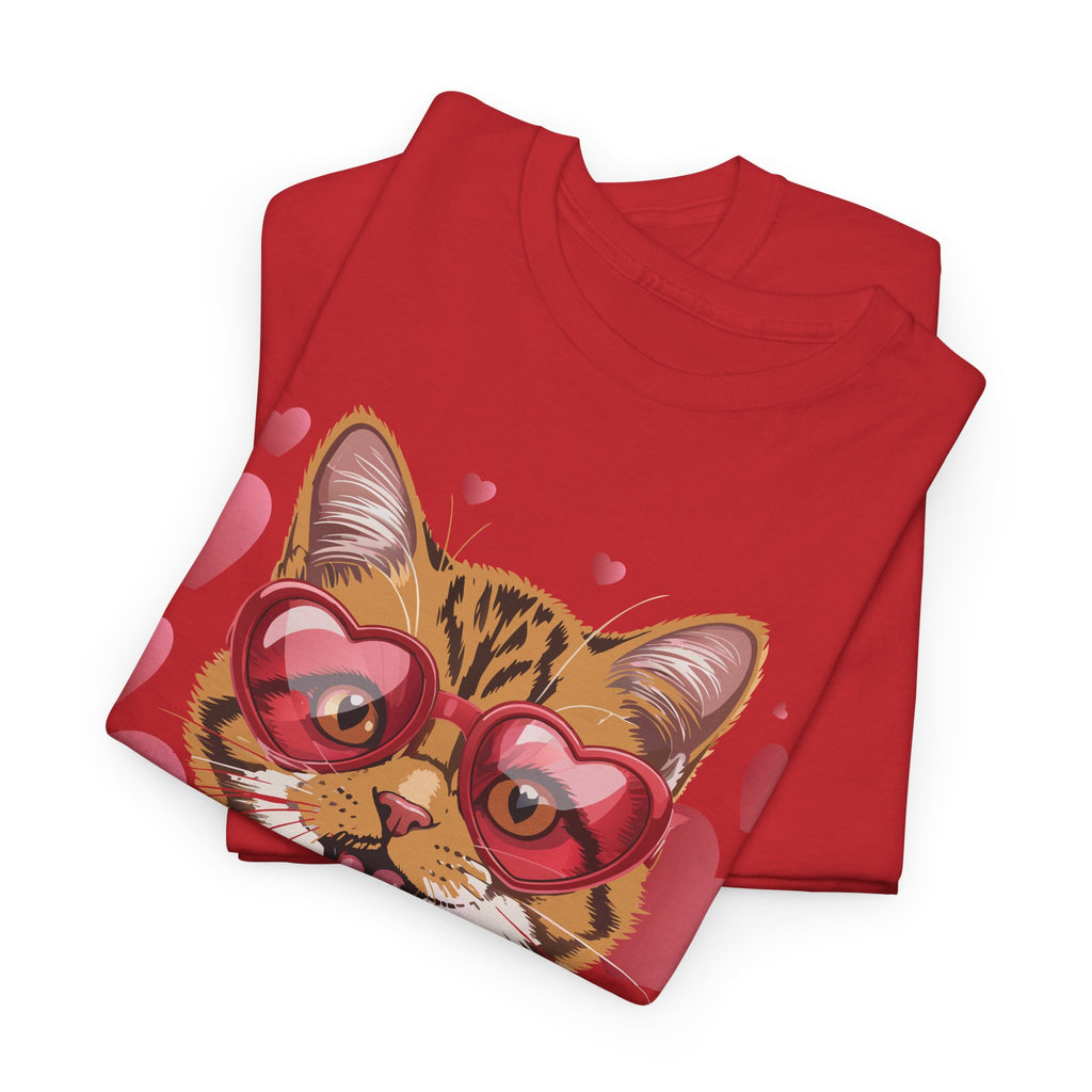 Valentine Cat Tee — Heart Glasses, Lollipop Bow Unisex Cotton Tee