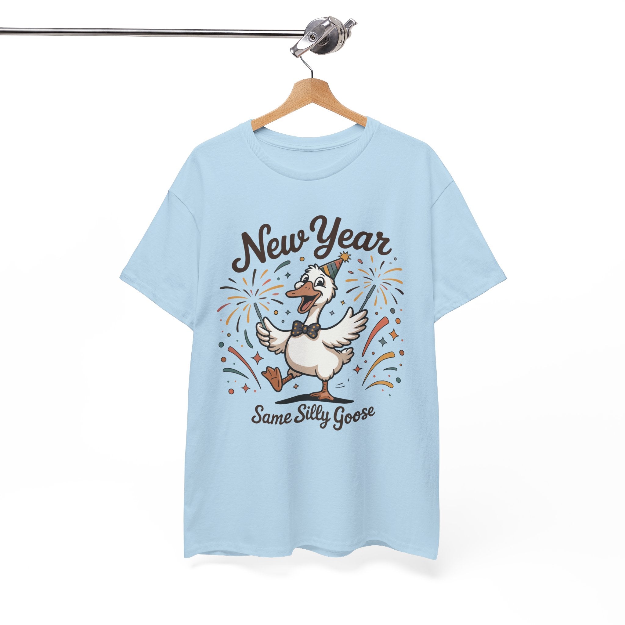 Happy Goose New Year T-Shirt — Party Hat, Fireworks & Confetti Unisex Cotton Tee
