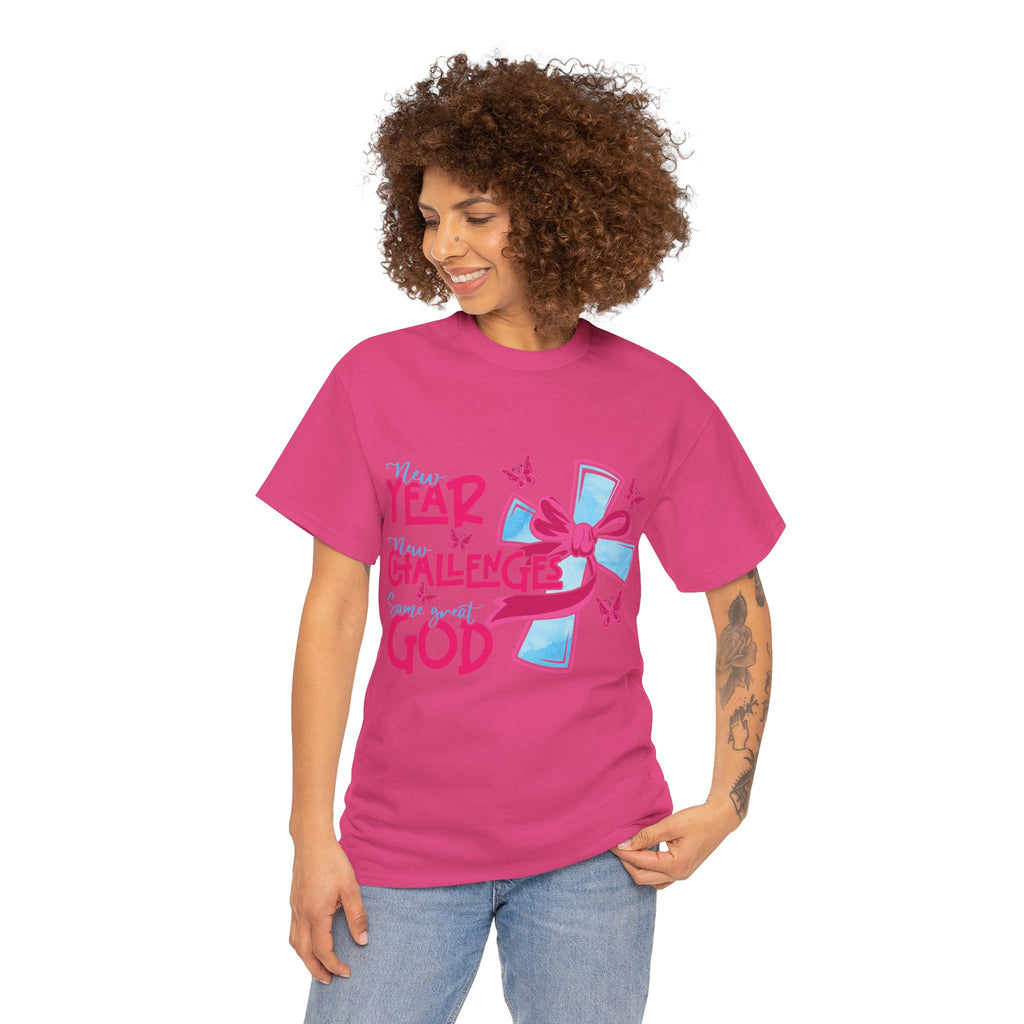 Christian T-Shirt — “New Year, New Challenges, Same Great God” with Pink Bow Cross & Butterflies. Unisex Cotton Tee