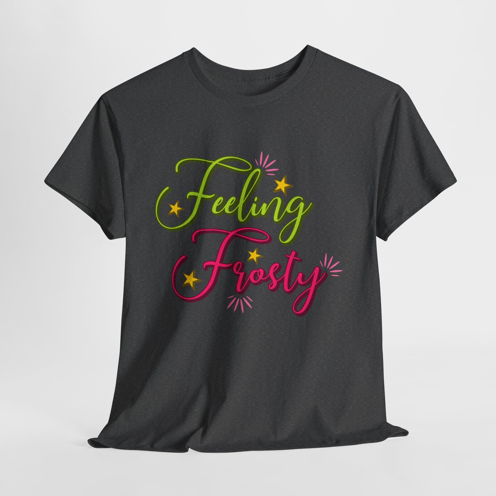 Feeling Frosty Holiday T-Shirt — Green & Pink Script Stars.Unisex Cotton Tee