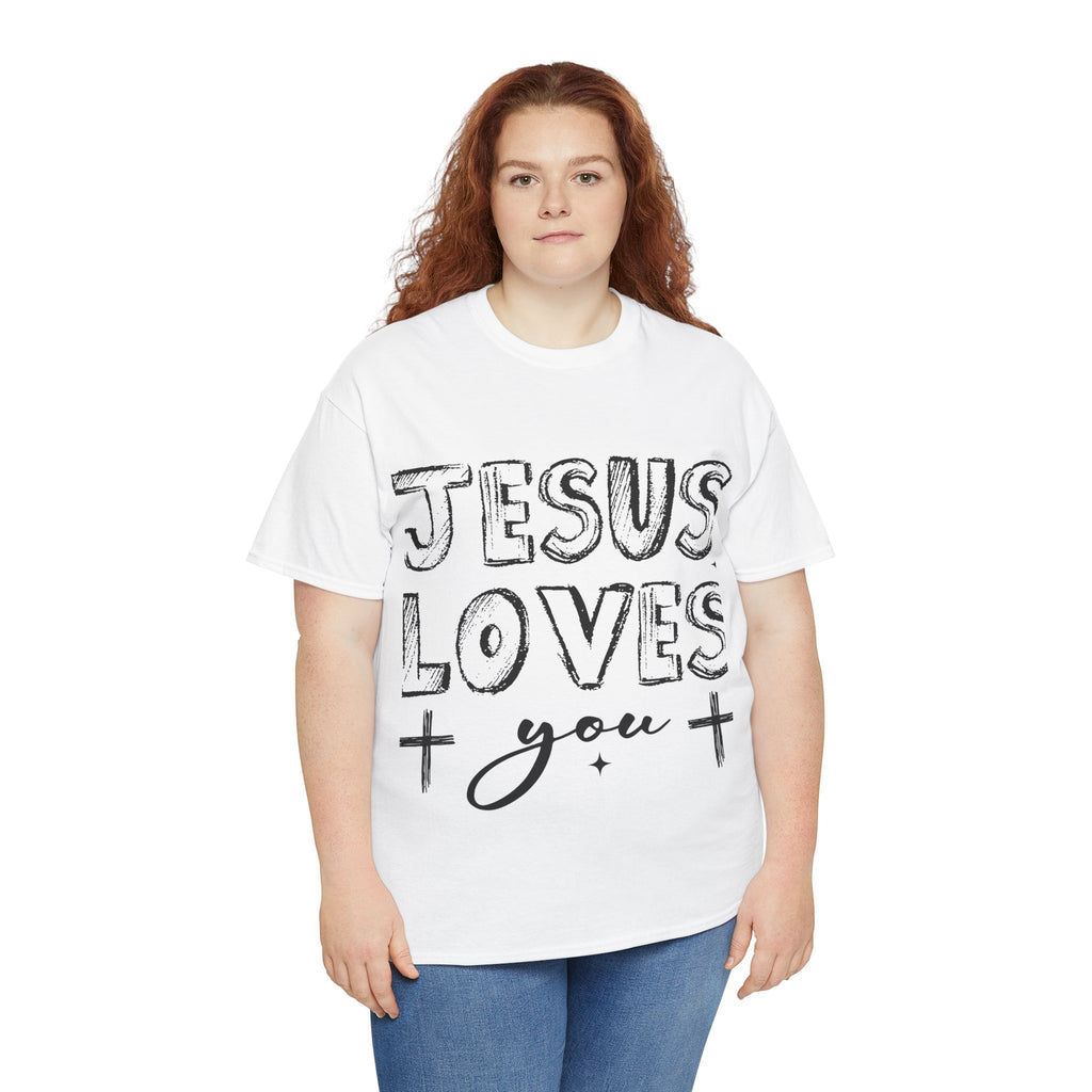 Jesus Loves You Chalk-Style Tee — Crosses & Stars Christian UNisex Cotton T-Shirt